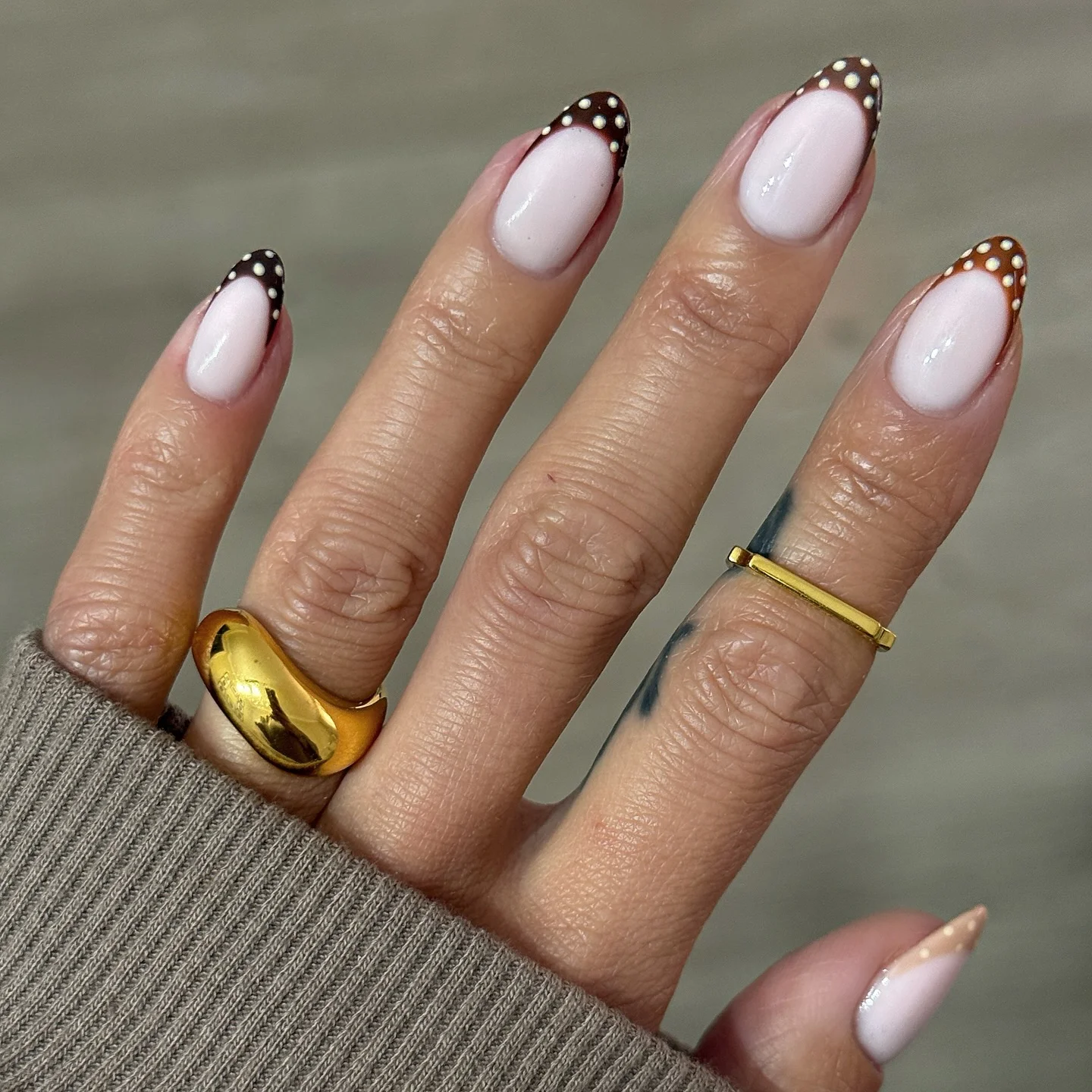 polka dot fall nails 2026 Chocolate French Tips With Ivory Micro Dots