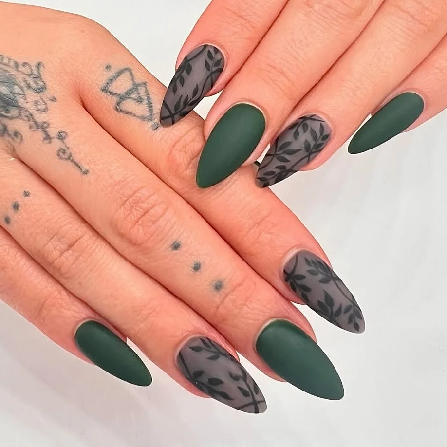 fall matte nails 2026 Forest Green With Smoky Leaf Transparency