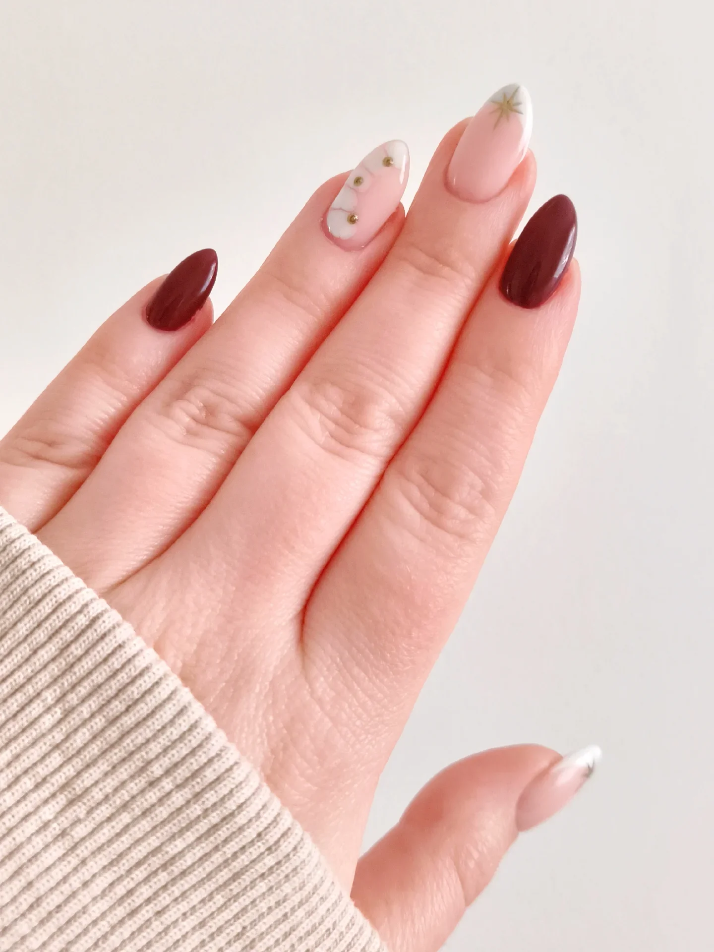 fall medium length nails 2026 Berry And Milky White With Tiny Gold Accents