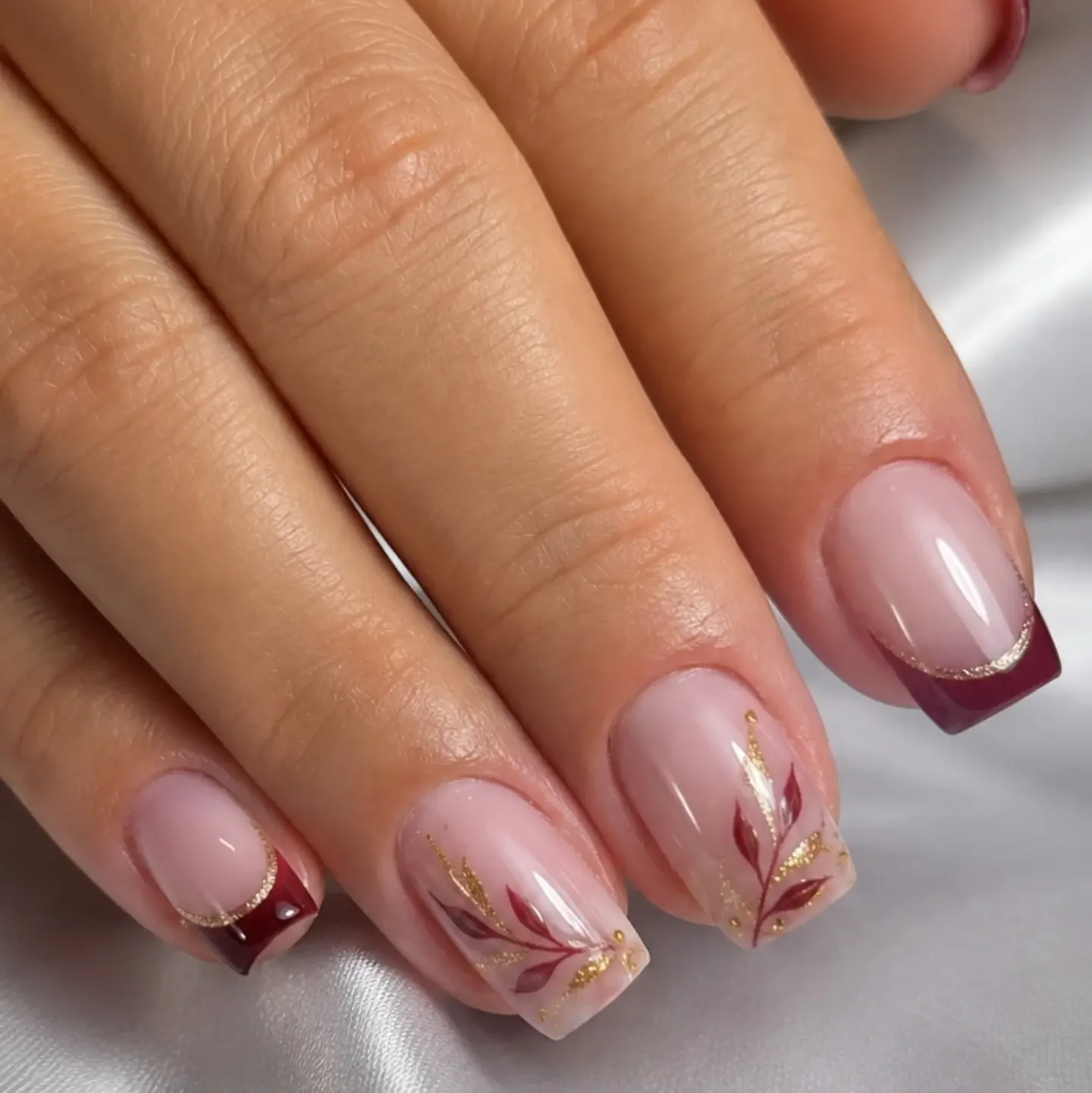 fall nail designs square shape 2026 Burgundy Autumn French With Delicate Leaf Art