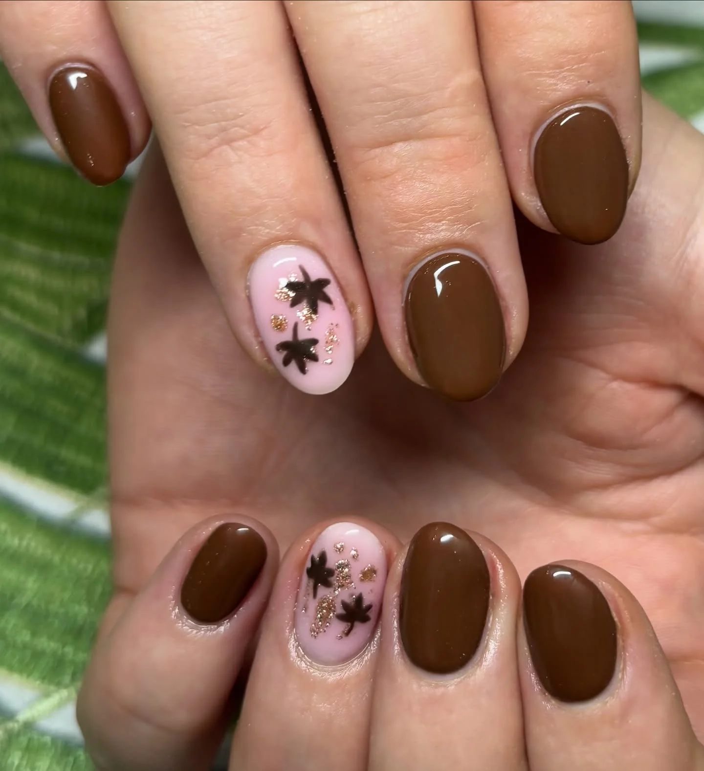 fall nails with accent nail Chocolate Brown With Gold Leaf Sparkle