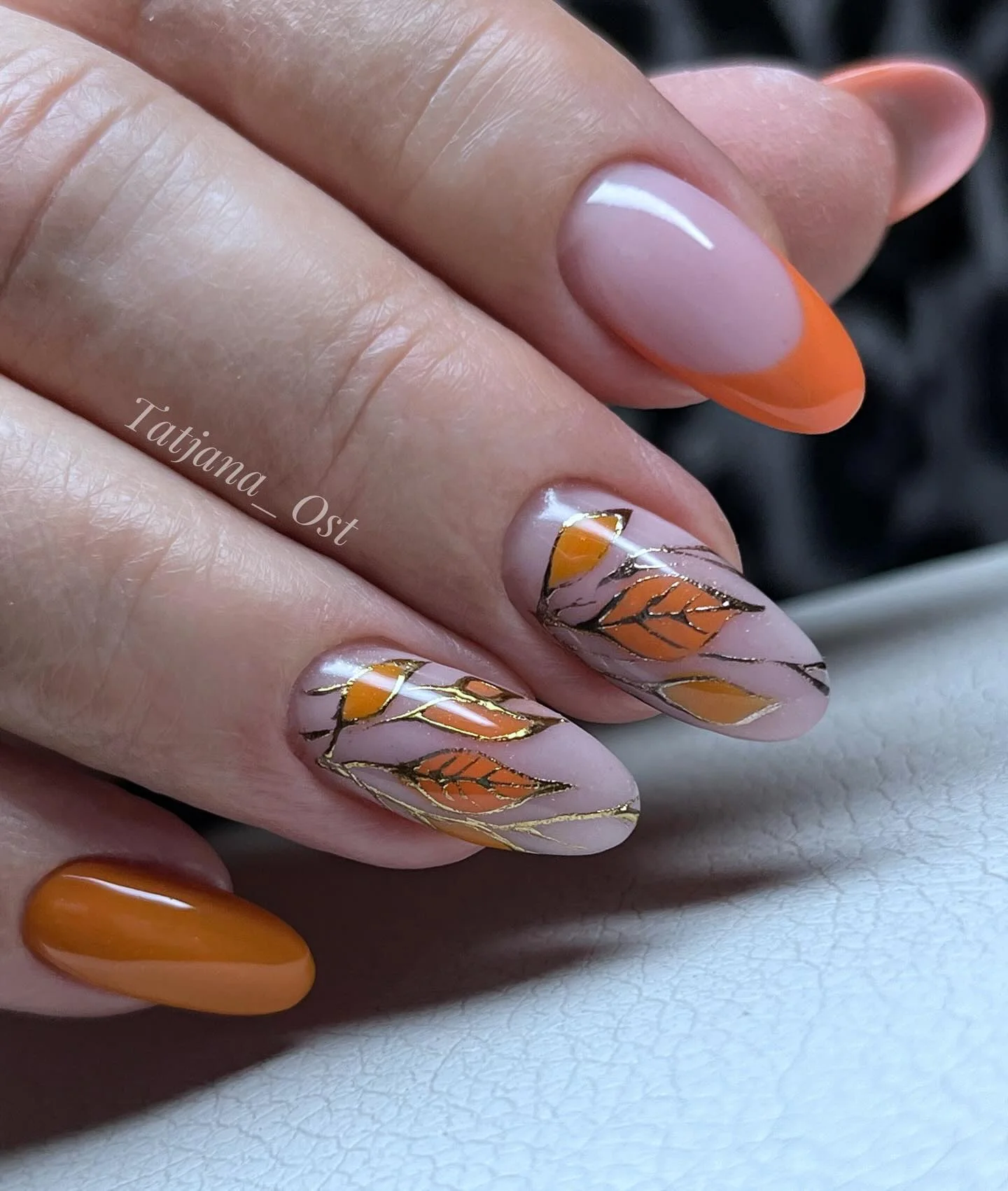 fall nails with autumn designs Orange French Tips With Golden Autumn Leaves