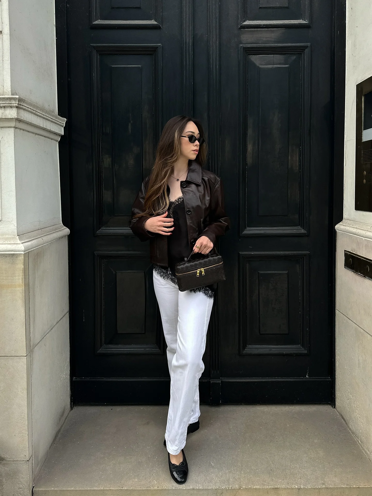 september fashion trends 2026 Leather Jacket And Lace Trimmed White Denim