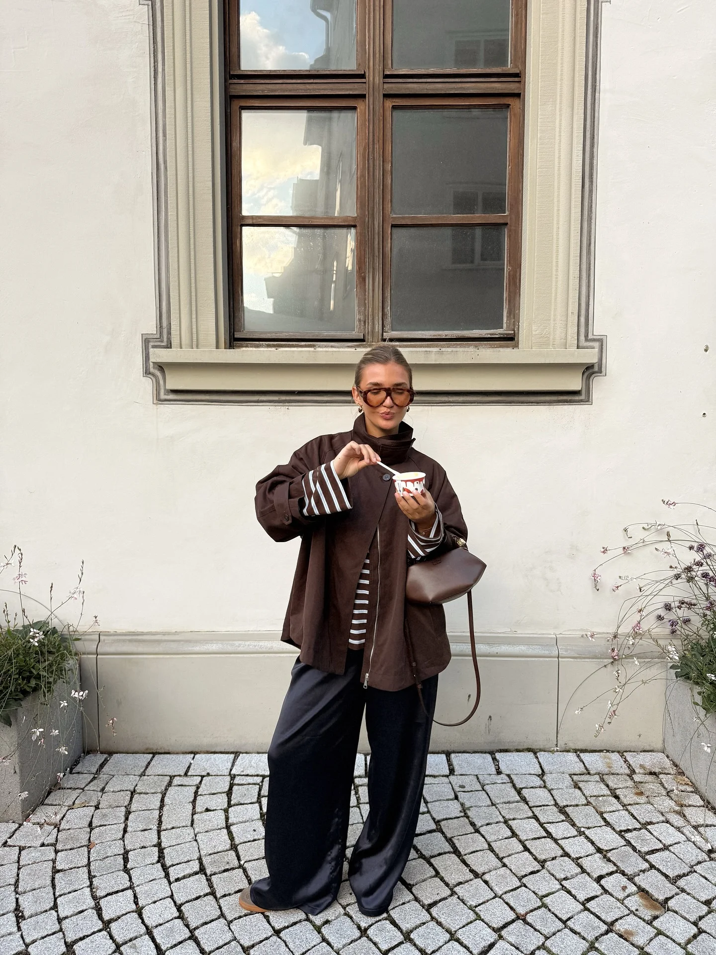 september outfit ideas 2026 Chocolate Utility Jacket With Striped Layering