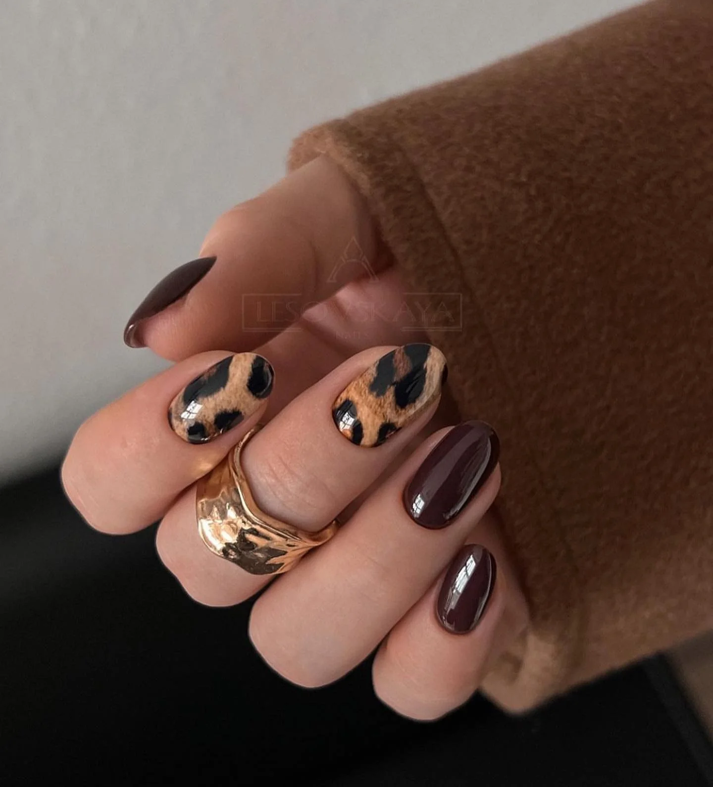 fall dark nail shadow ideas 2026 Chocolate Brown Short Nails With Leopard And Gold Accents