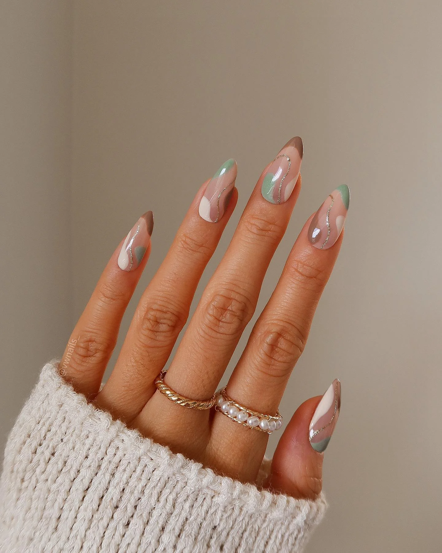 fall nails for tan skin tone Soft Sage And Cream Abstract Almond Nails