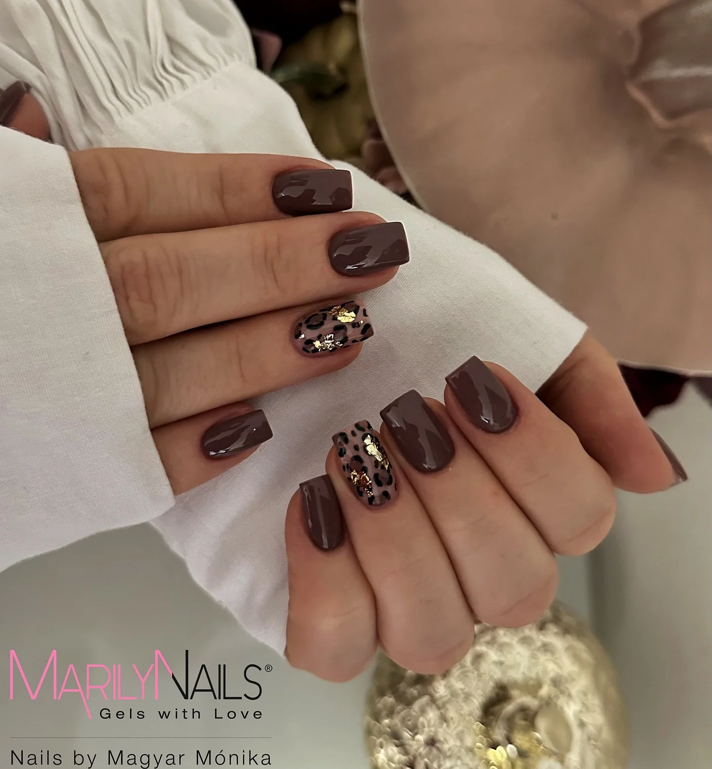 fall nails with accent nail Chocolate Brown With Leopard And Gold Details