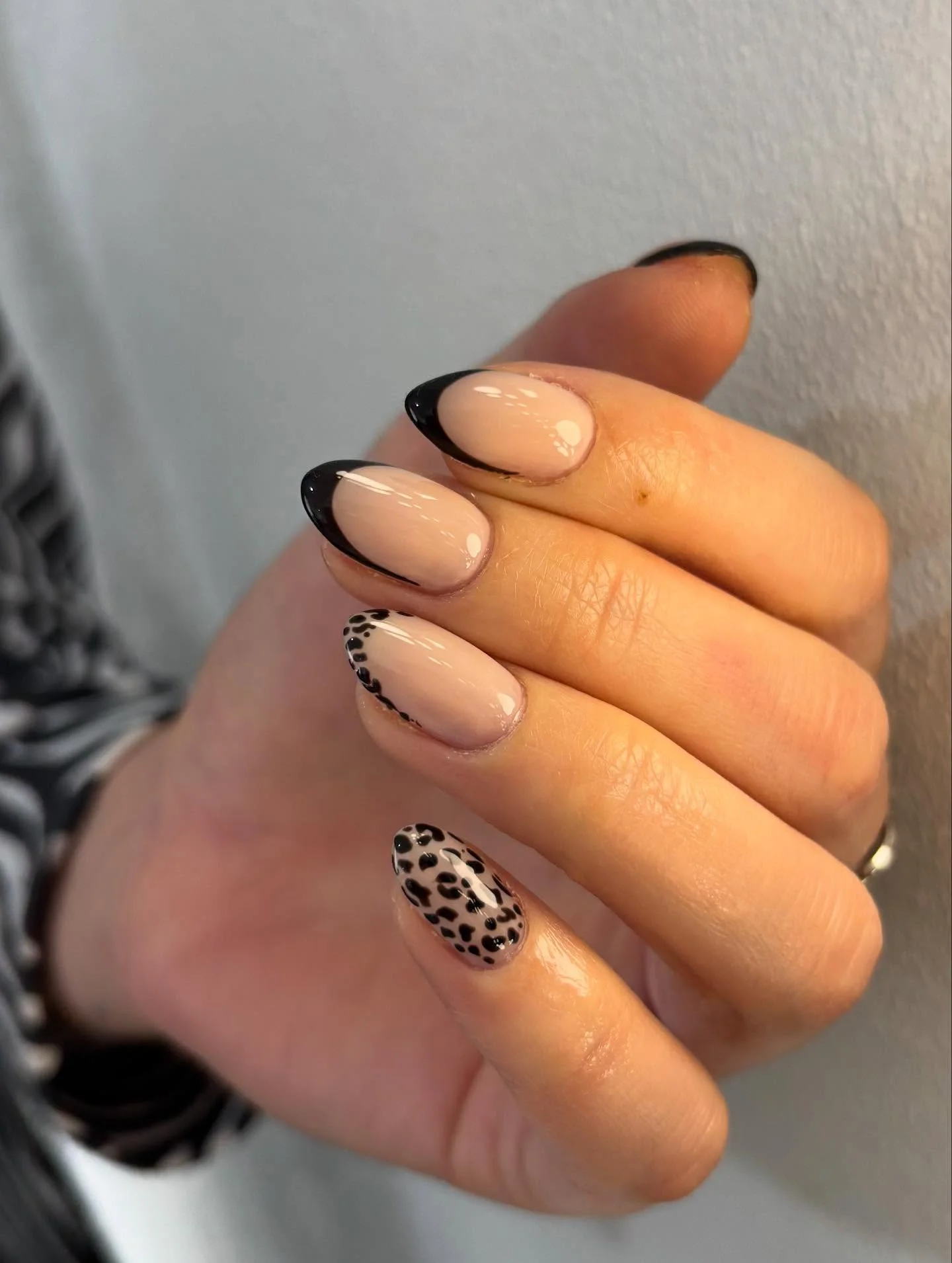 fall short almond nails 2026 Black French Tips Meet Delicate Animal Print