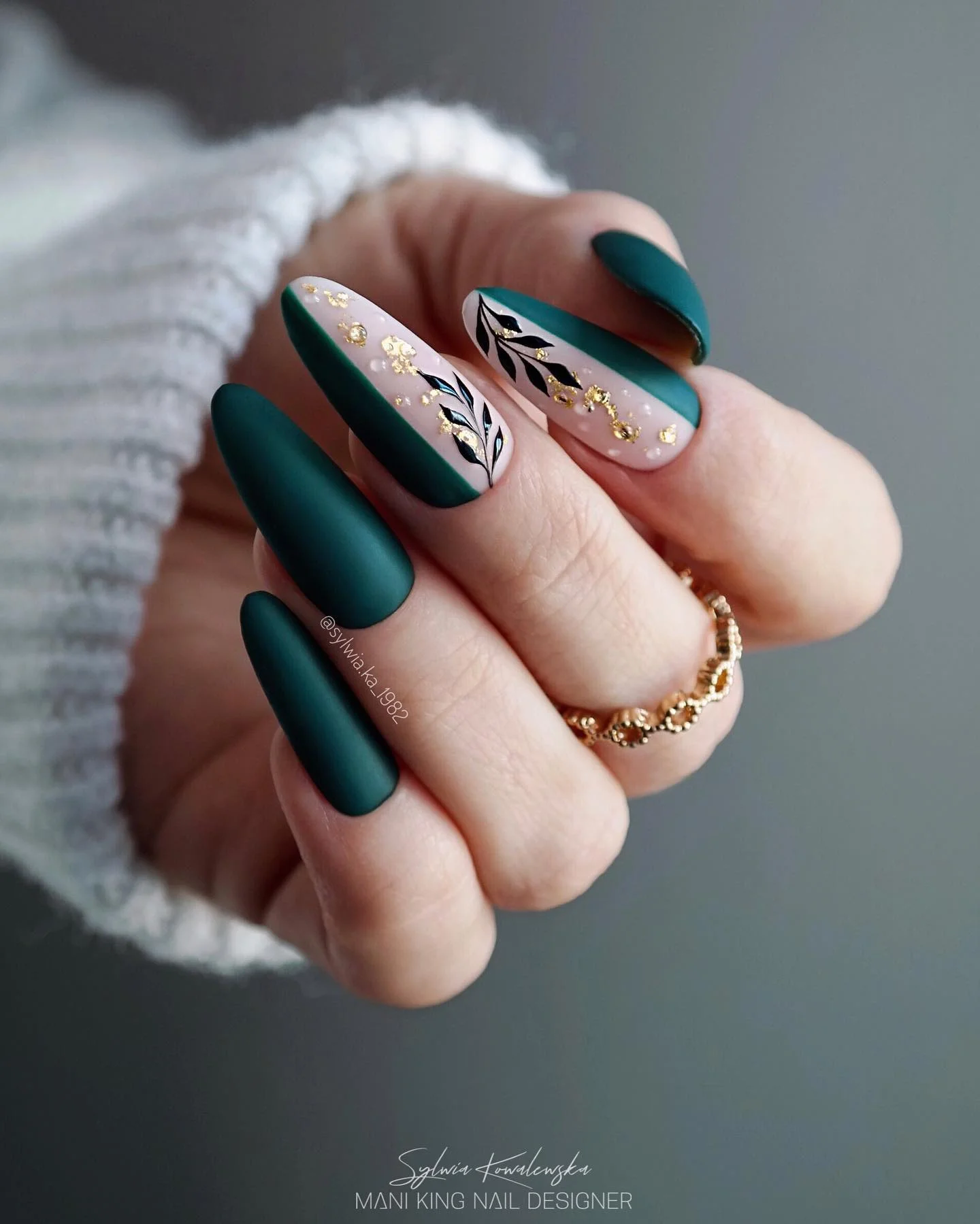 matte fall nails design 2026 Deep Teal Green With Botanical Gold Accents