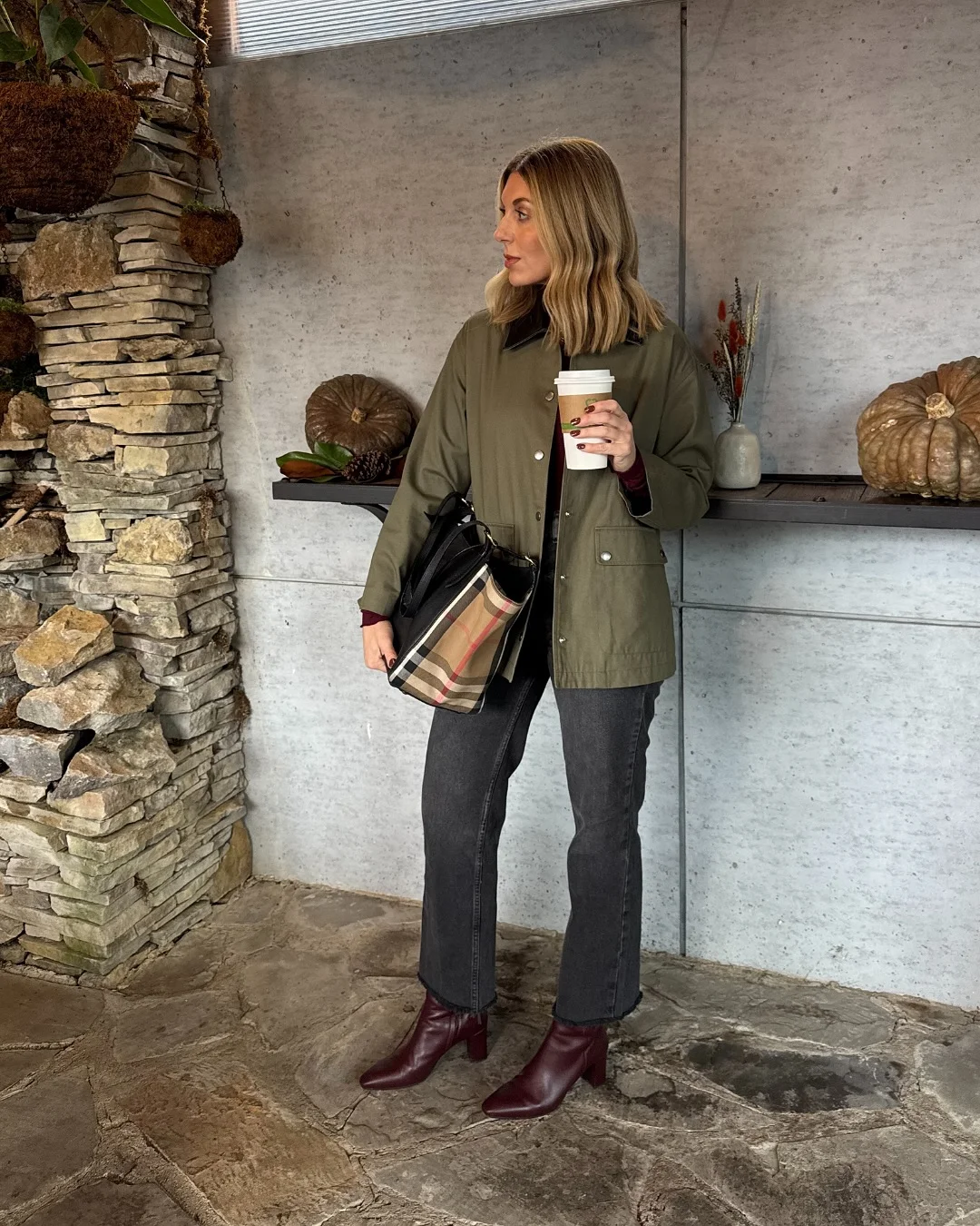 september outfit ideas 2026 Olive Field Jacket With Burgundy Ankle Boots