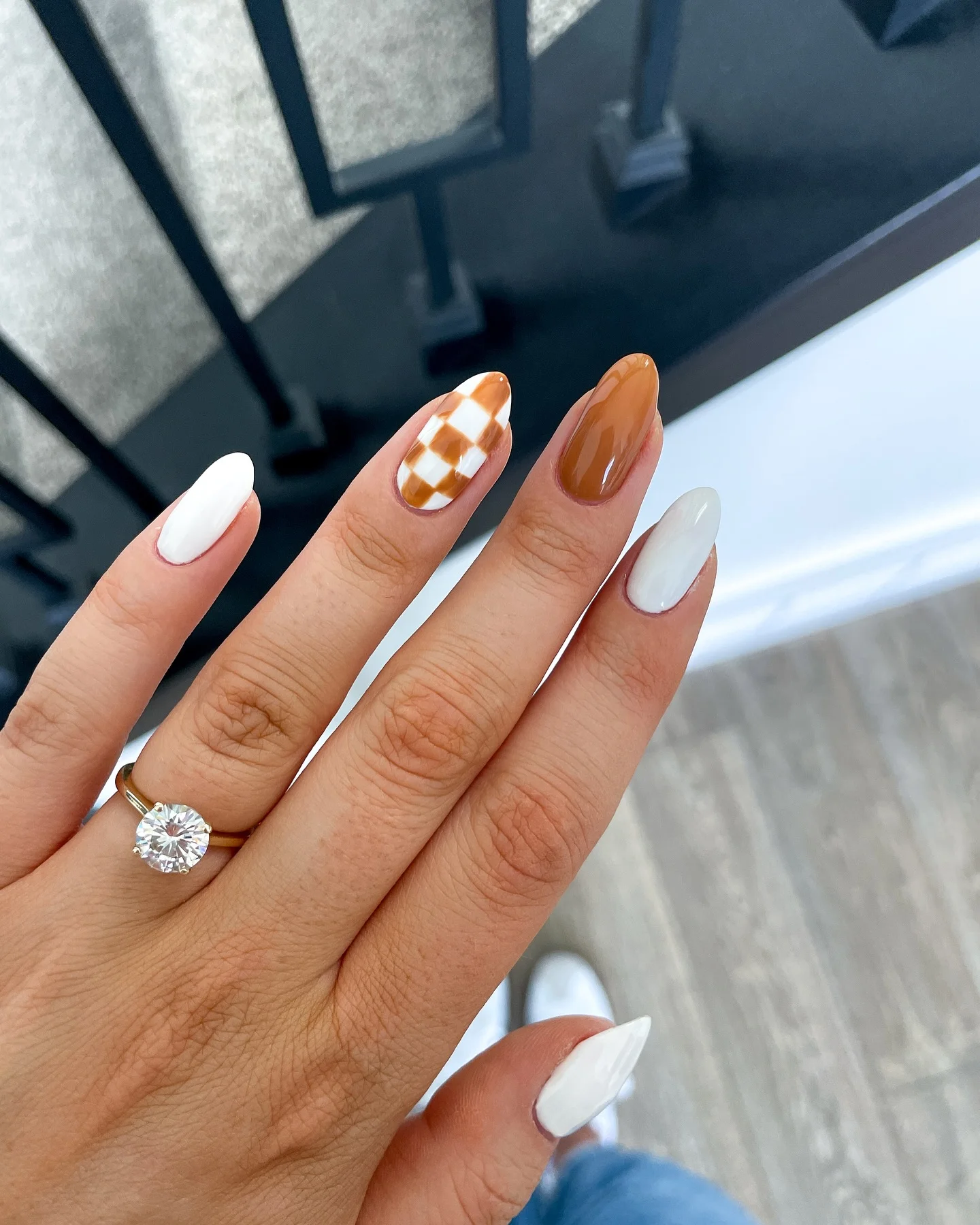 early fall nails 2026 Caramel Checkerboard Accent Almond Nails