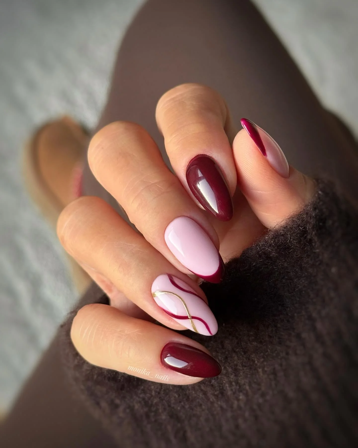 fall burgundy nails with design Almond Burgundy French Tips With A Fine Gold Accent