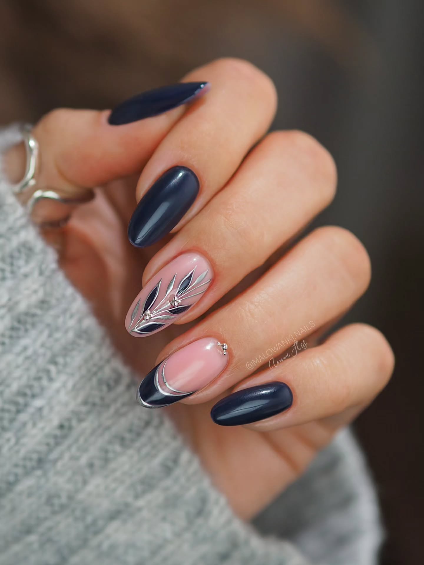 fall dark nail shadow ideas 2026 Midnight Navy Nails With Silver Botanical French Detail