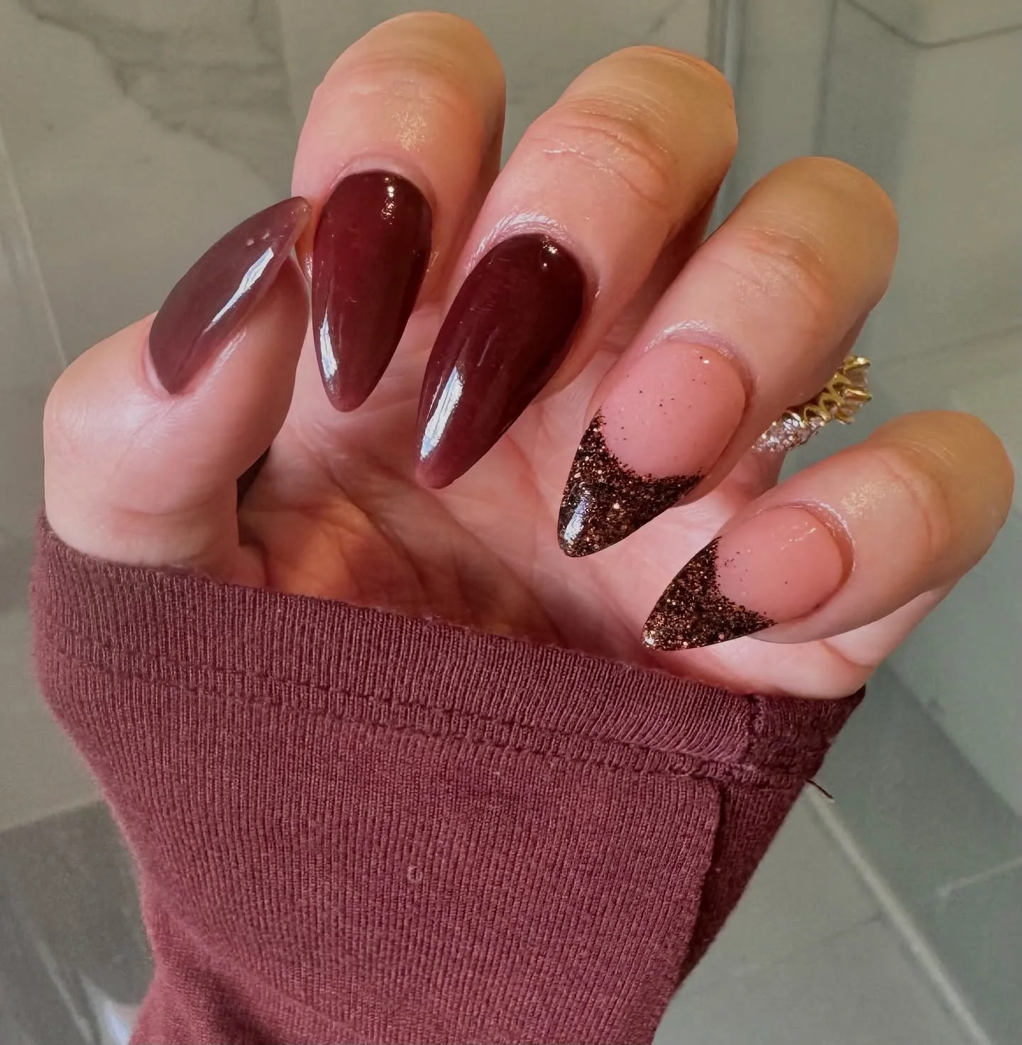 fall dip nails 2026 Burgundy And Chocolate Glitter Almond Nails