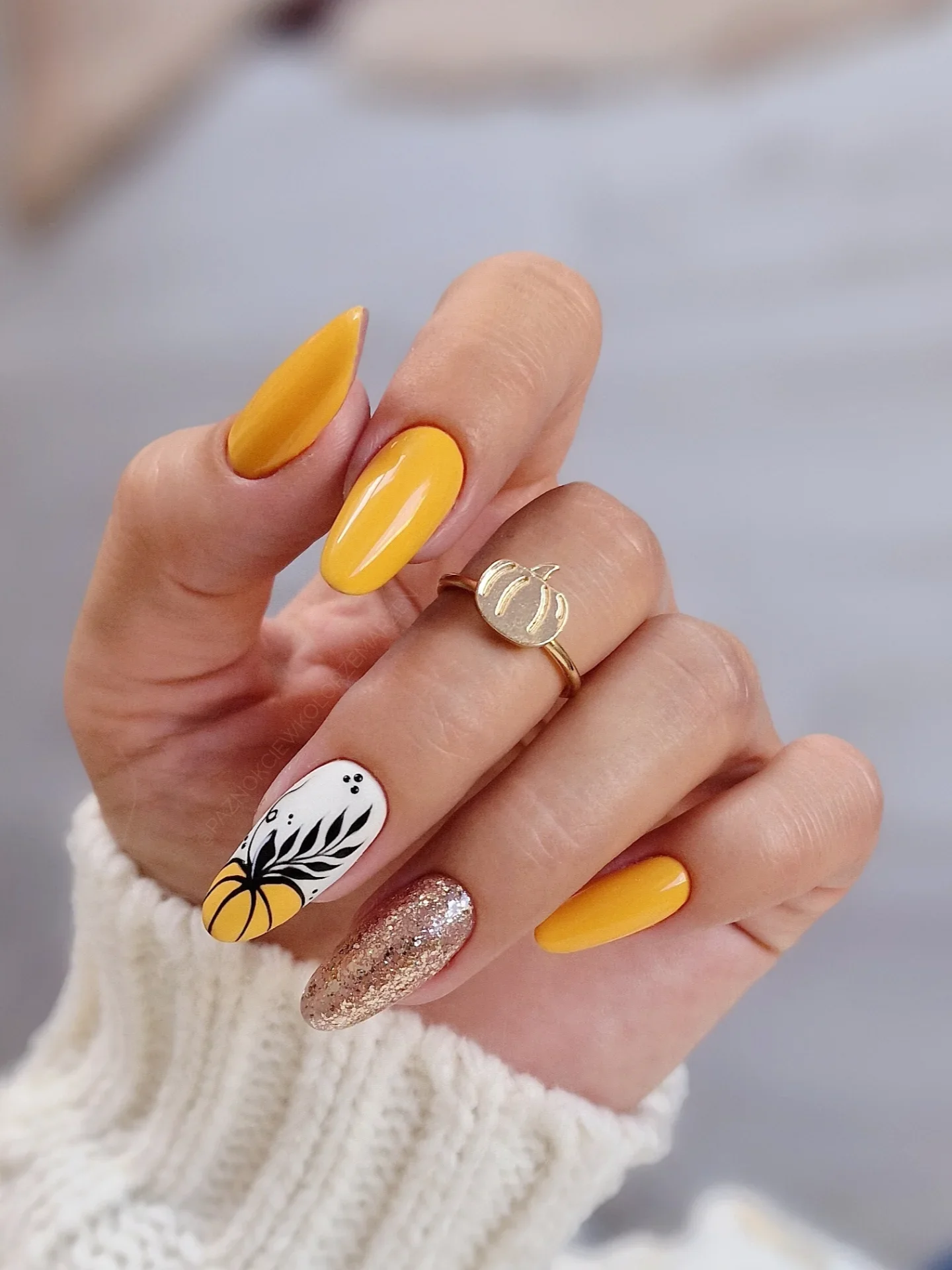fall long nails 2026 Golden Yellow With Botanical Art And Sparkling Accents