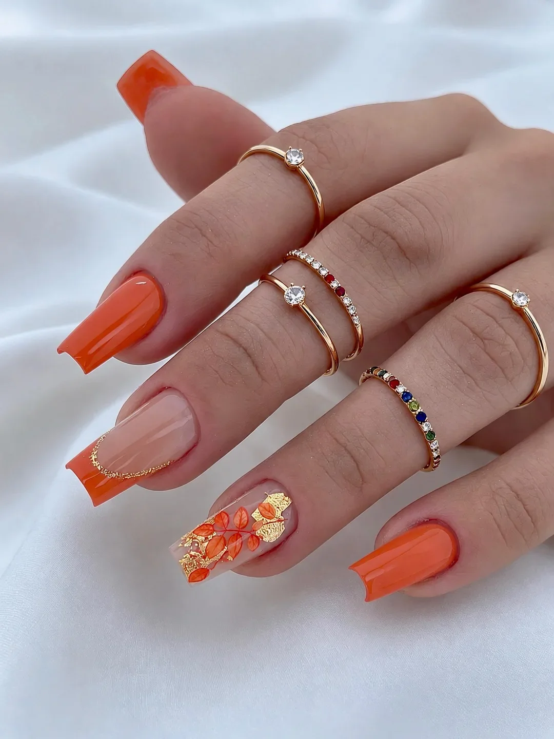fall manicure ideas 2026 Burnt Orange Autumn Leaf Statement Nails