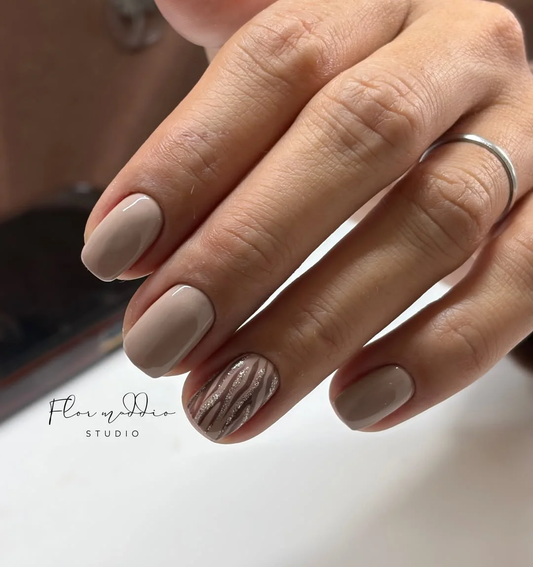 fall nails with accent nail Soft Taupe With A Sparkling Linear Accent