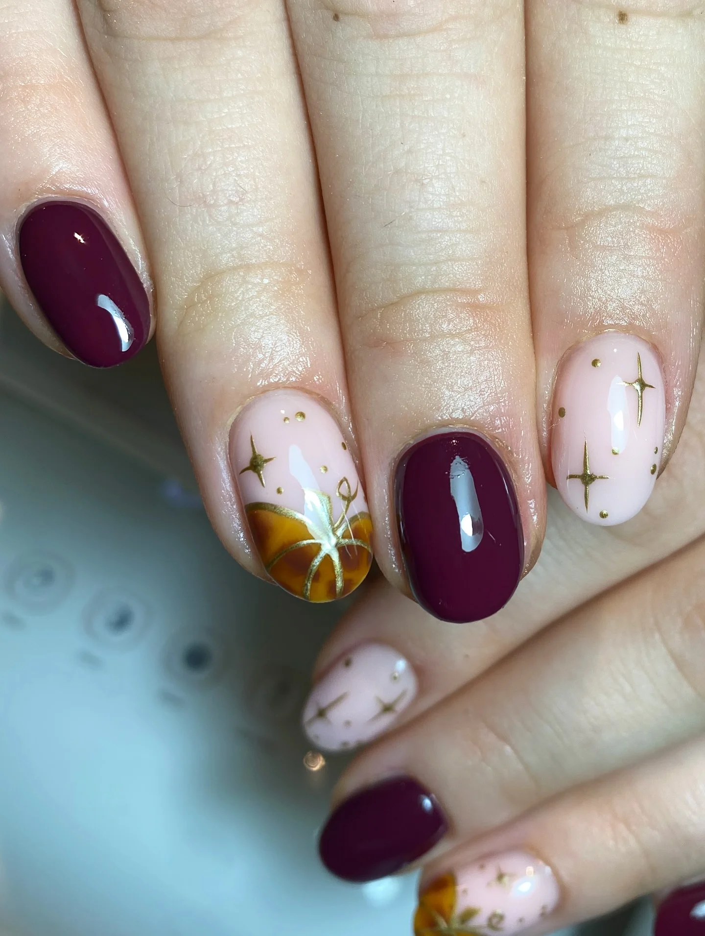 fall nails with pumpkins 2026 Burgundy Pumpkins With Golden Autumn Stars