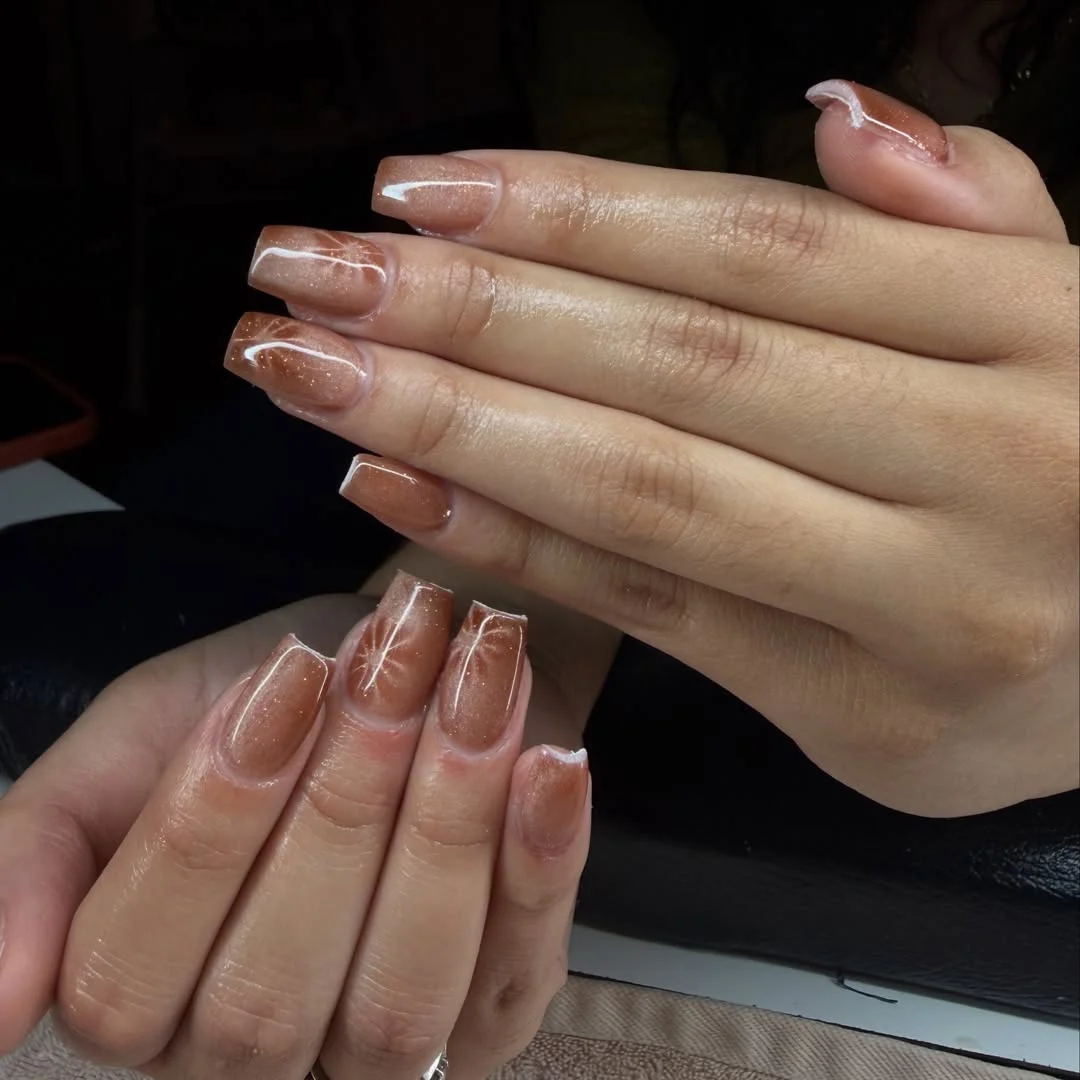 fall short coffin nails designs 2026 Caramel Shimmer Coffin Nails With Fine White Curves