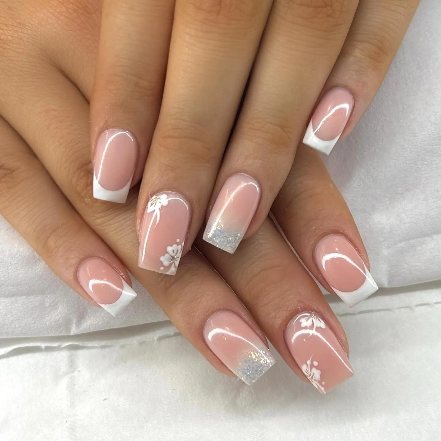 fall wedding nails 2026 Soft Square French With Glitter And Tiny Blossoms