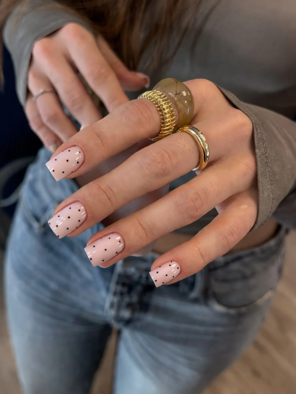 nude fall nails 2026 Soft Pink Nude Square Nails With Minimal Black Dots