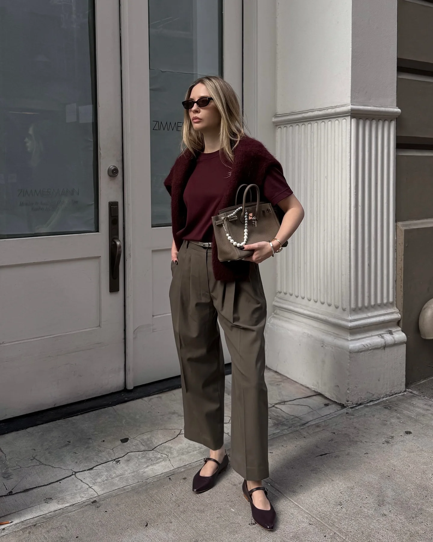 september outfit ideas 2026 Burgundy Knit With Tailored Trousers And Mary Janes