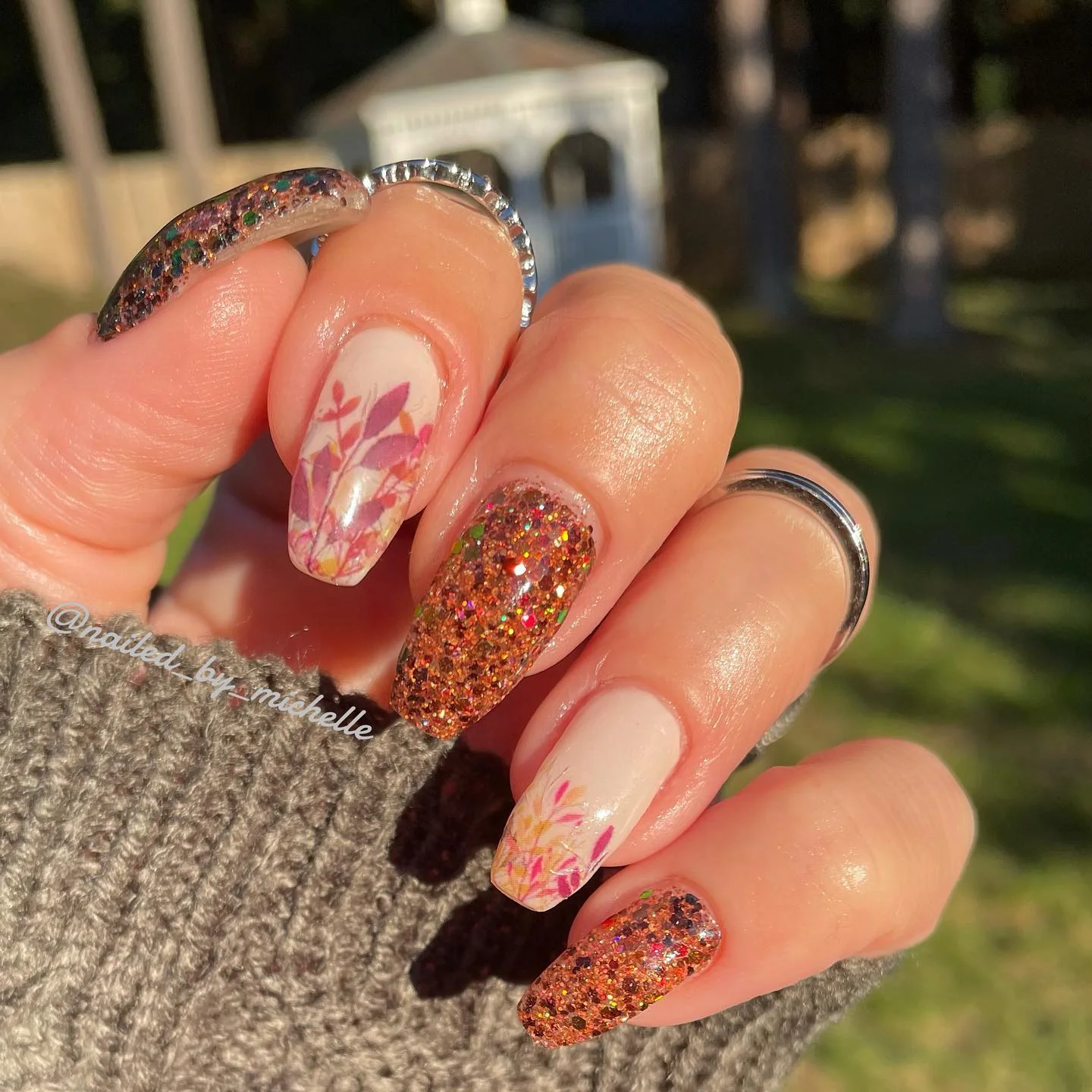 fall dip nails 2026 Copper Glitter And Autumn Floral Nails