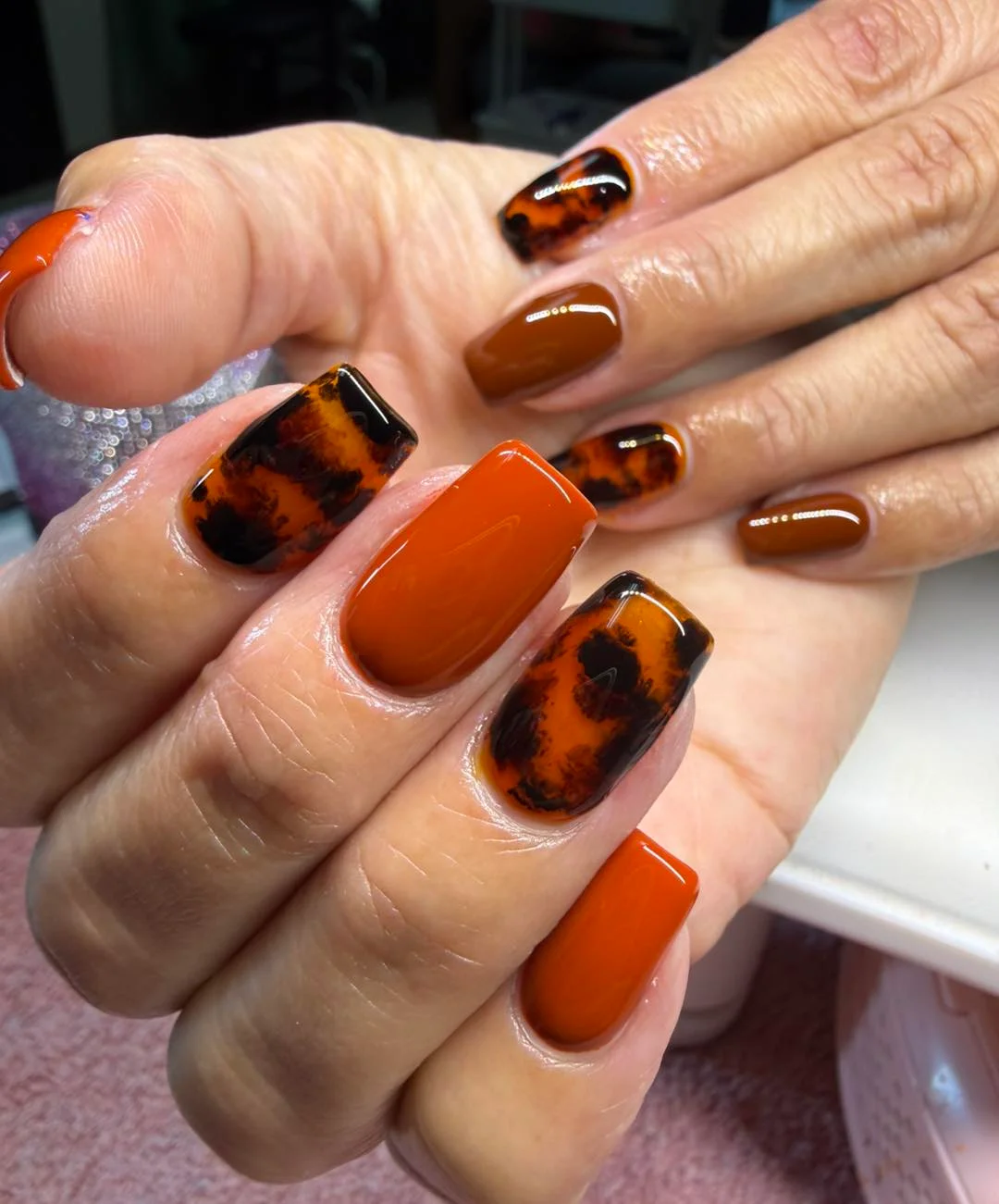 fall gel nails ideas 2026 Burnt Orange And Tortoiseshell Statement Nails