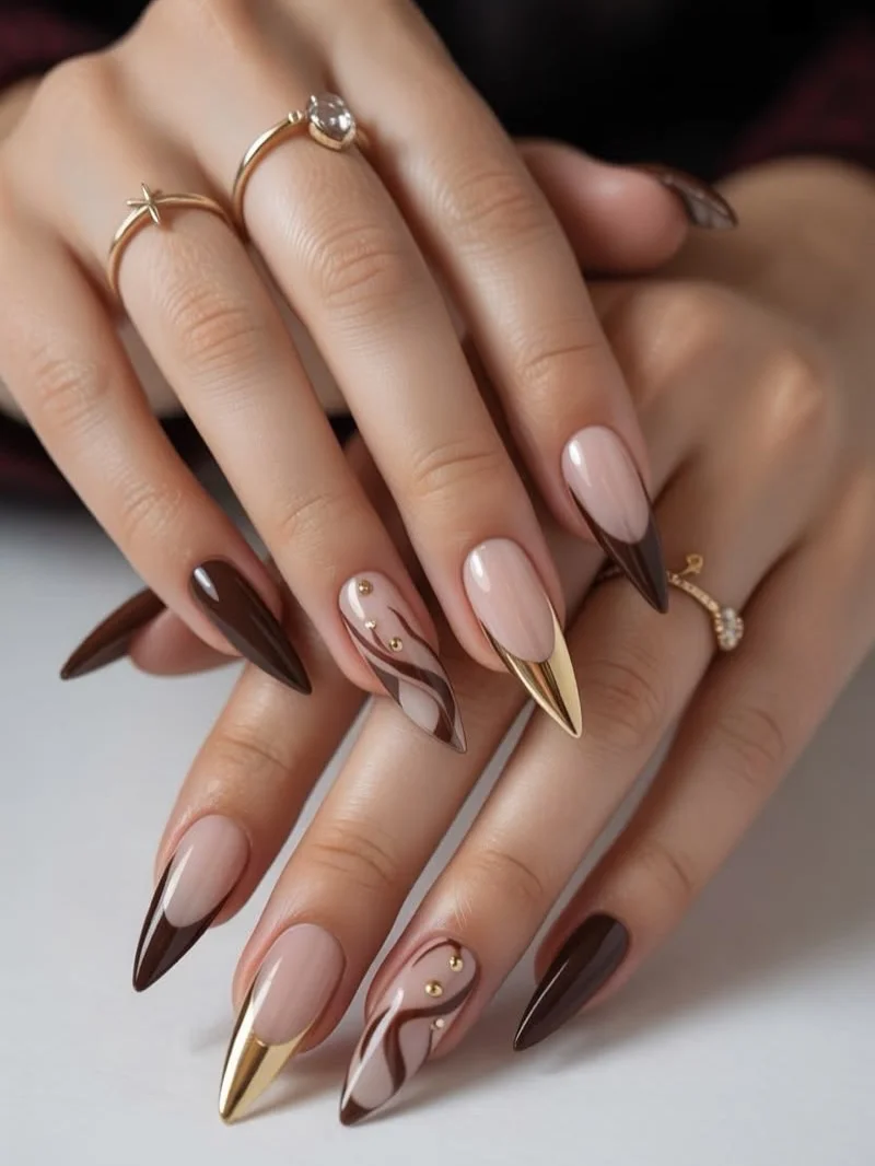 fall long nails 2026 Chocolate Brown And Nude With Sculptural Gold Tips