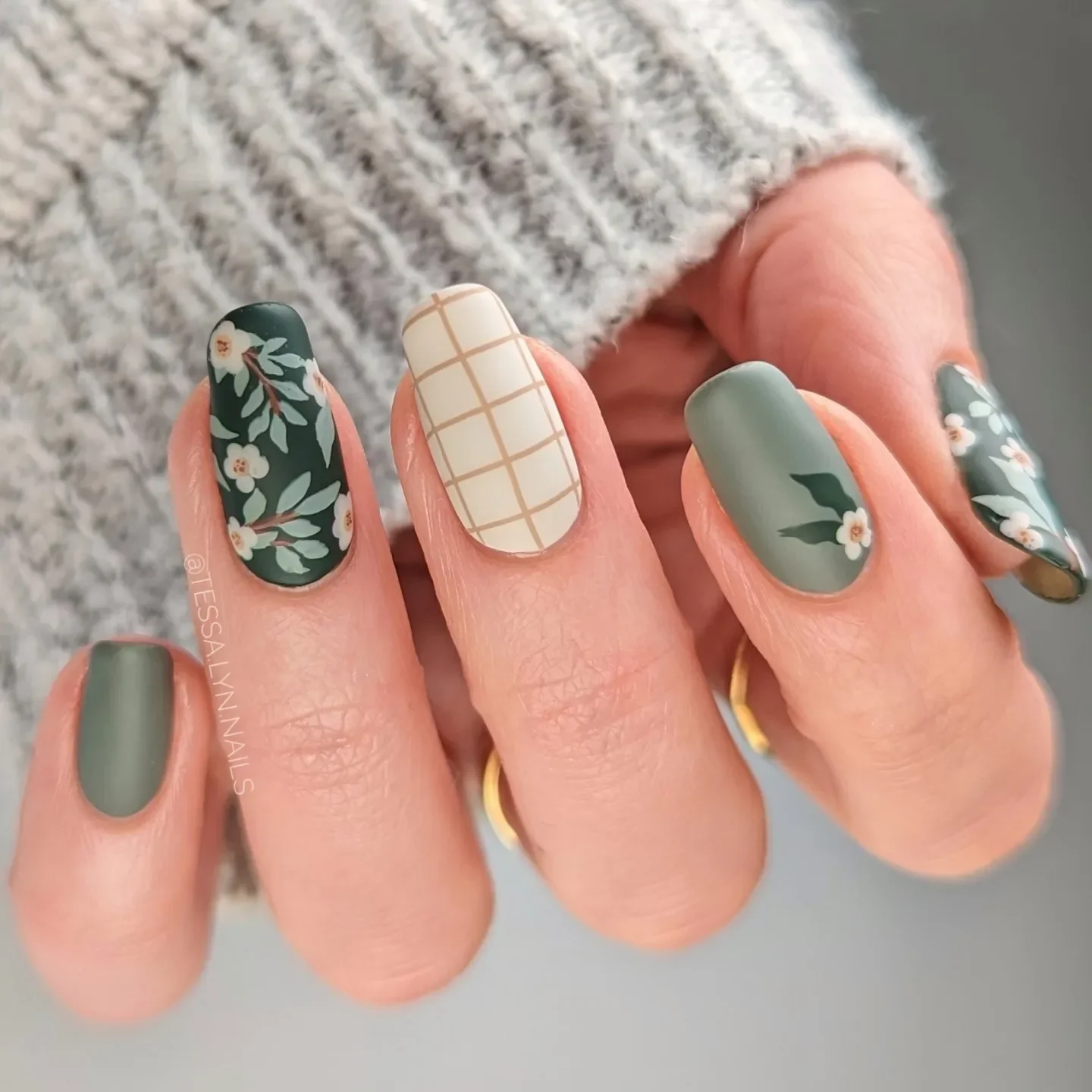 fall matte nails 2026 Forest Green Florals With A Delicate Neutral Plaid