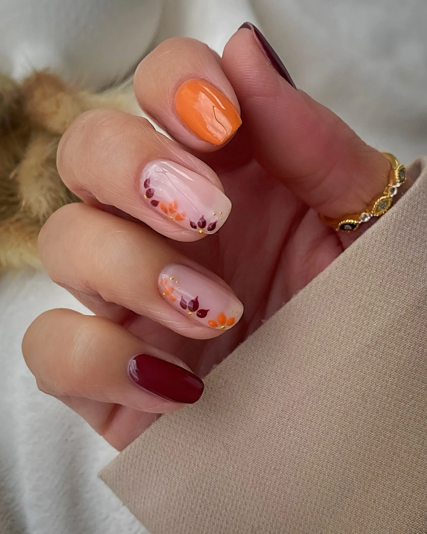 fall mid length nails 2026 Warm Harvest Floral Nails In Cozy Autumn Shades