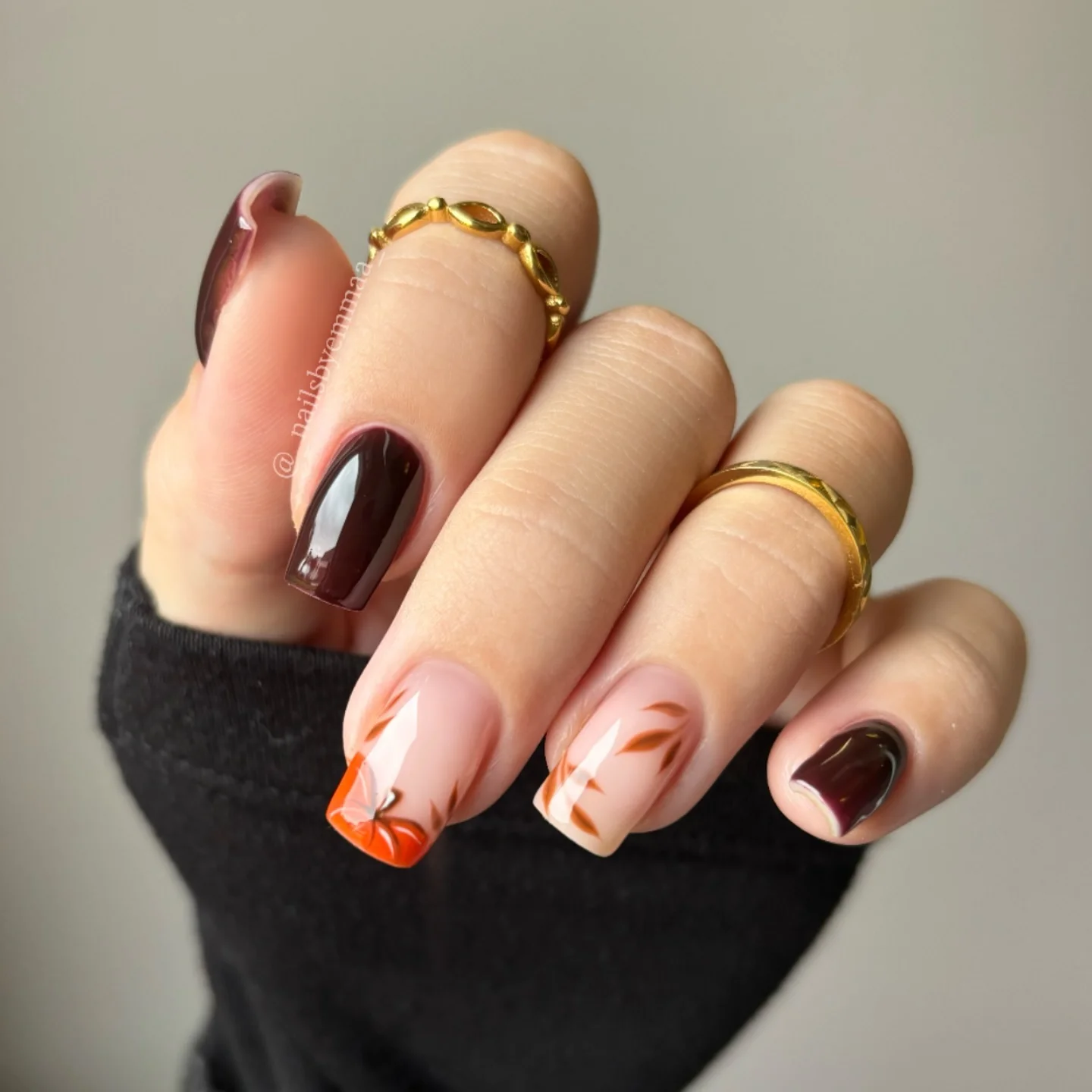 fall nail designs square shape 2026 Warm Espresso Nails With Delicate Autumn Leaves