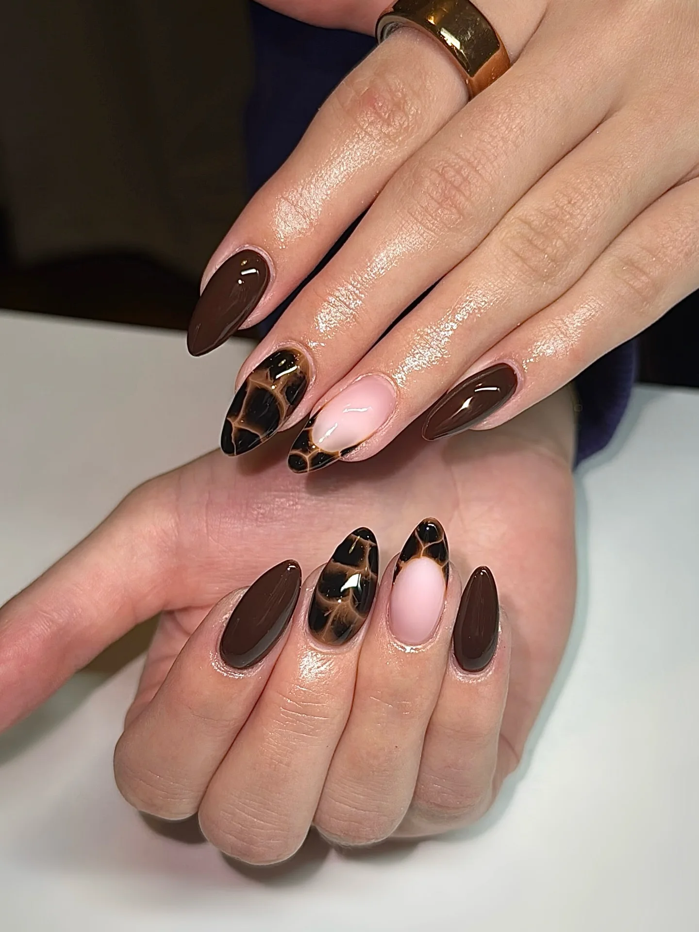 fall nail inspiration 2026 Dark Espresso Marble Almond Nails