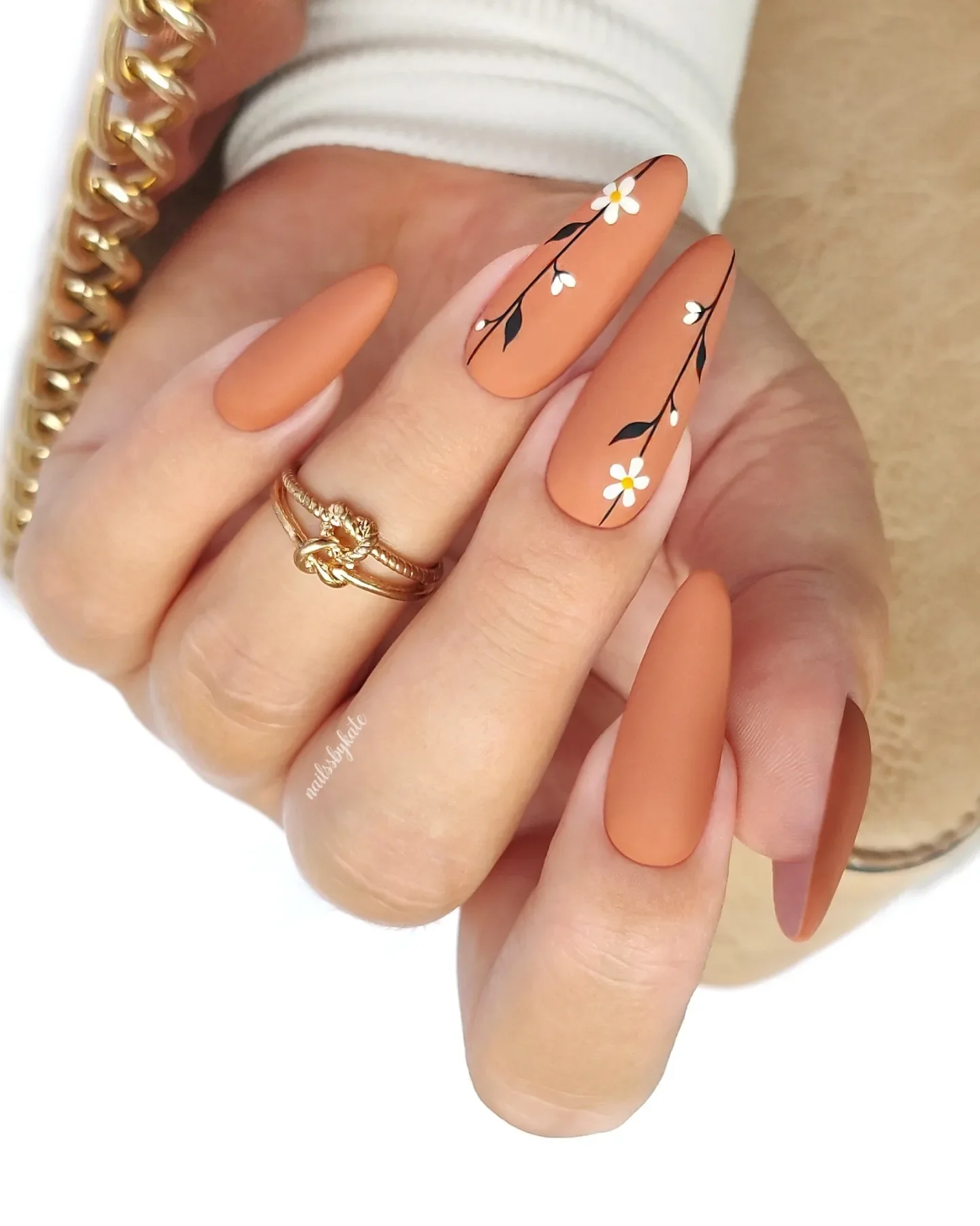 fall nails for olive skin tone 2026 Warm Terracotta With Tiny White Flowers