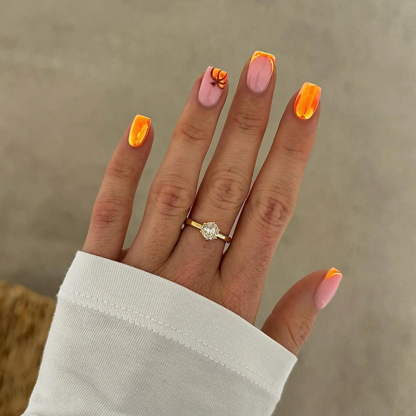 fall nails for tan skin tone Glossy Pink Nails With Bright Orange Micro French Tips
