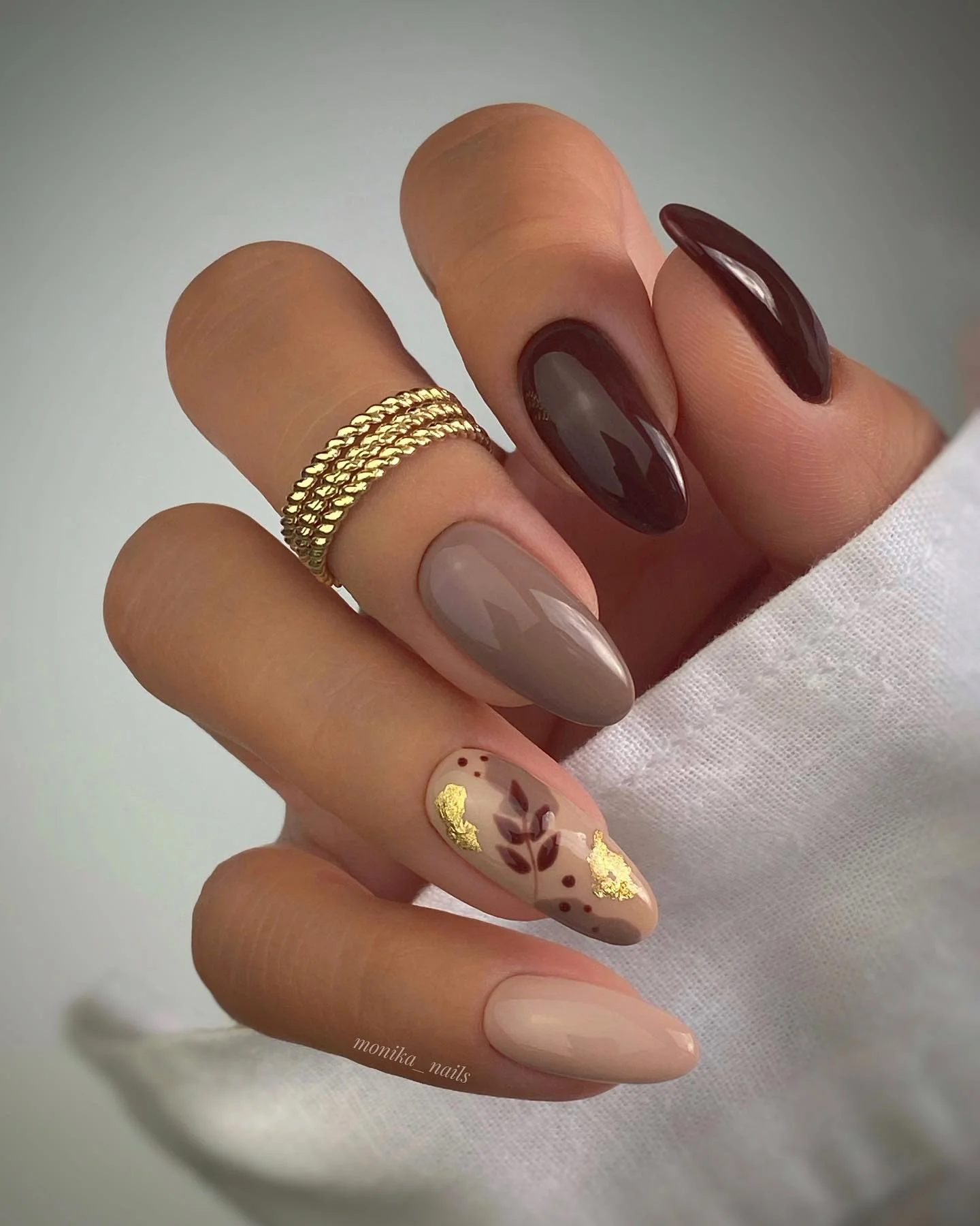 fall nails with accent nail Moody Almond Nails With Gold Leaf Accents