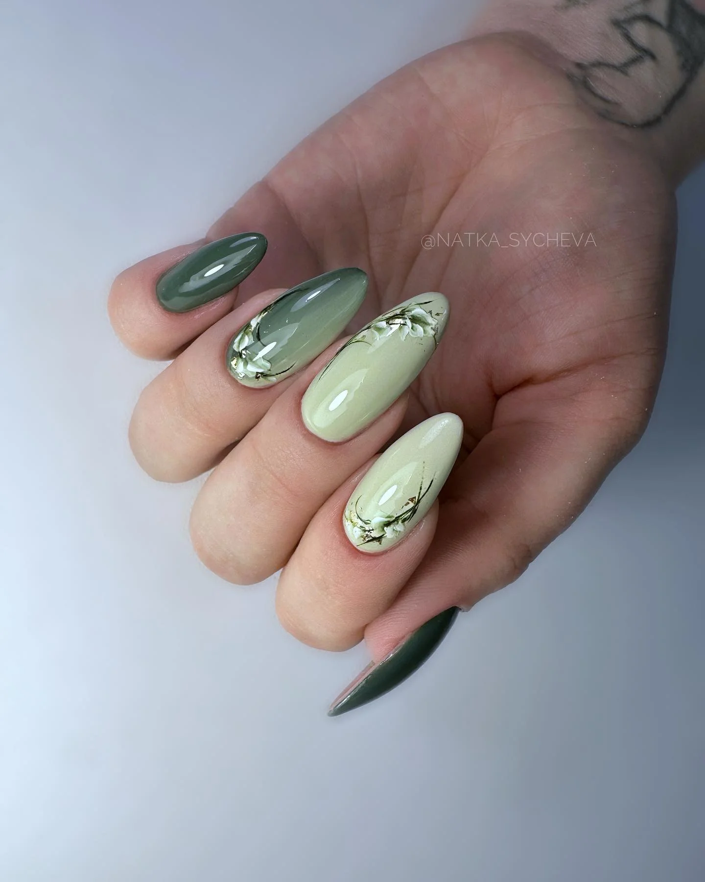 fall nails with autumn designs Soft Sage And Pressed Flower Almond Nails