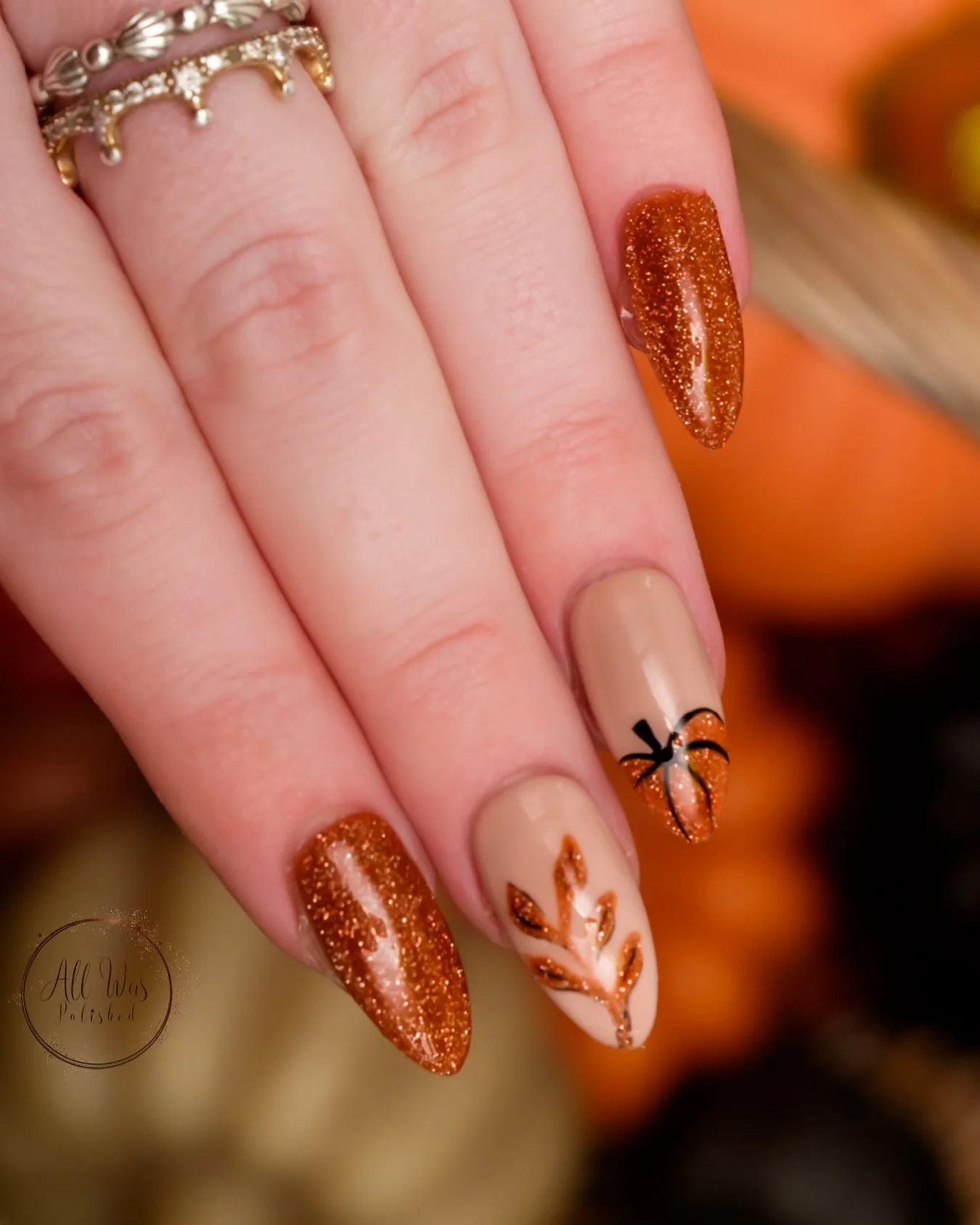 fall nails with pumpkins 2026 Copper Glitter Pumpkins With Delicate Autumn Bows