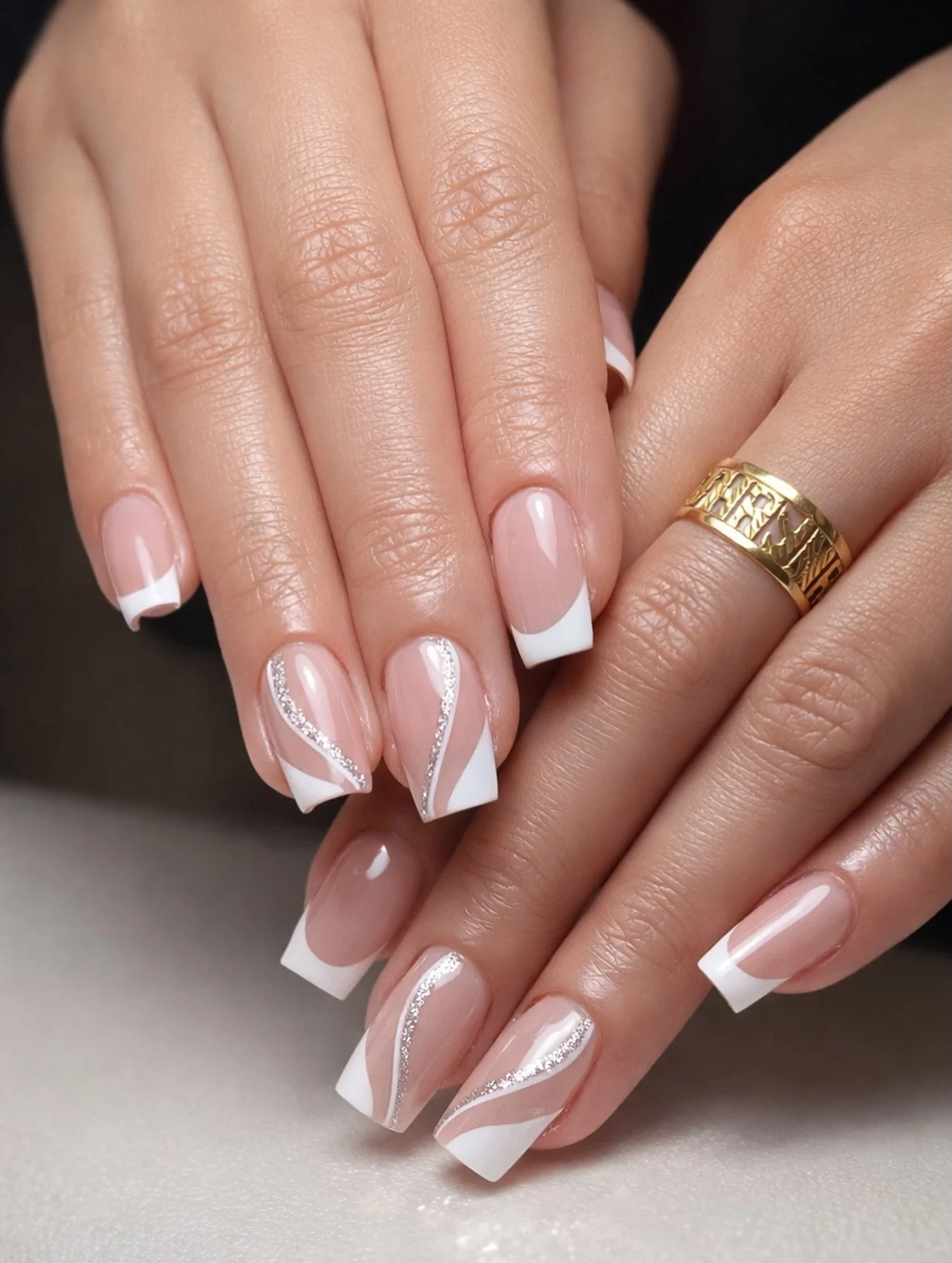 fall wedding nails 2026 Modern French Swirls With Silver Ribbon Accents