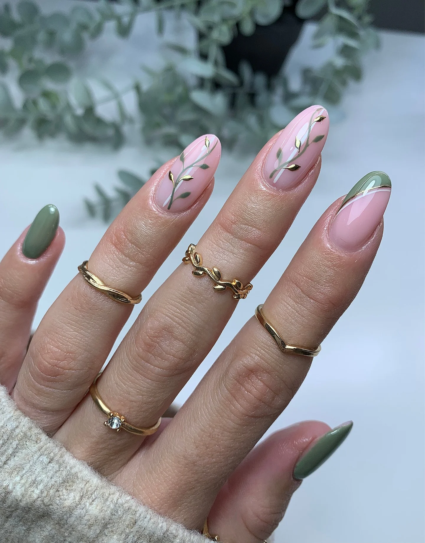 early fall nails 2026 Soft Sage Botanical Almond Elegance