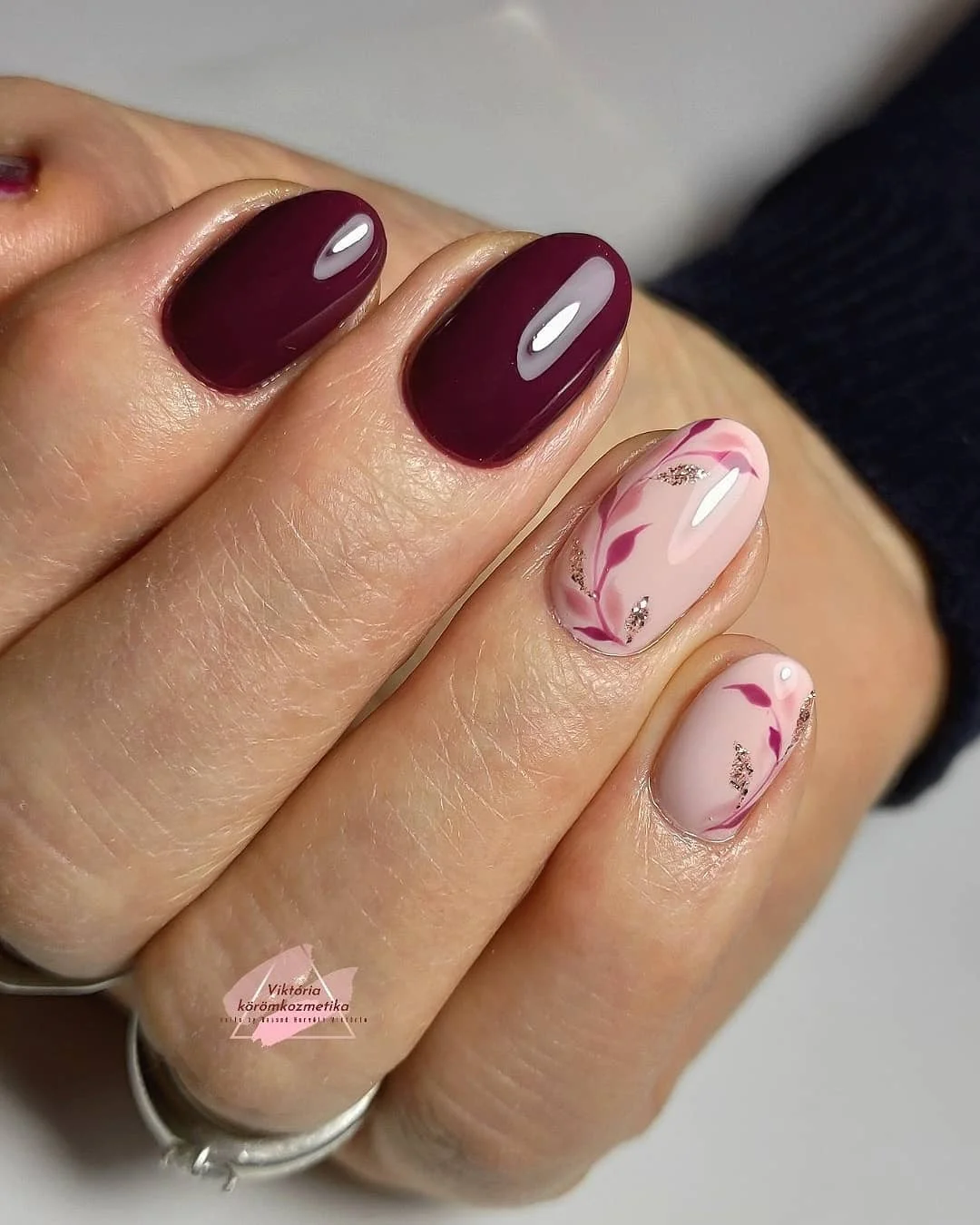 fall burgundy nails with design Glossy Burgundy With Blush Floral Details