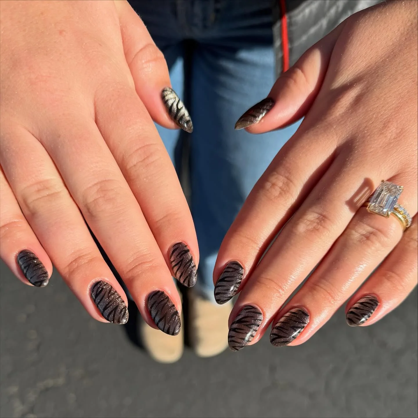 fall dark nail shadow ideas 2026 Metallic Charcoal Waves On Almond Nails