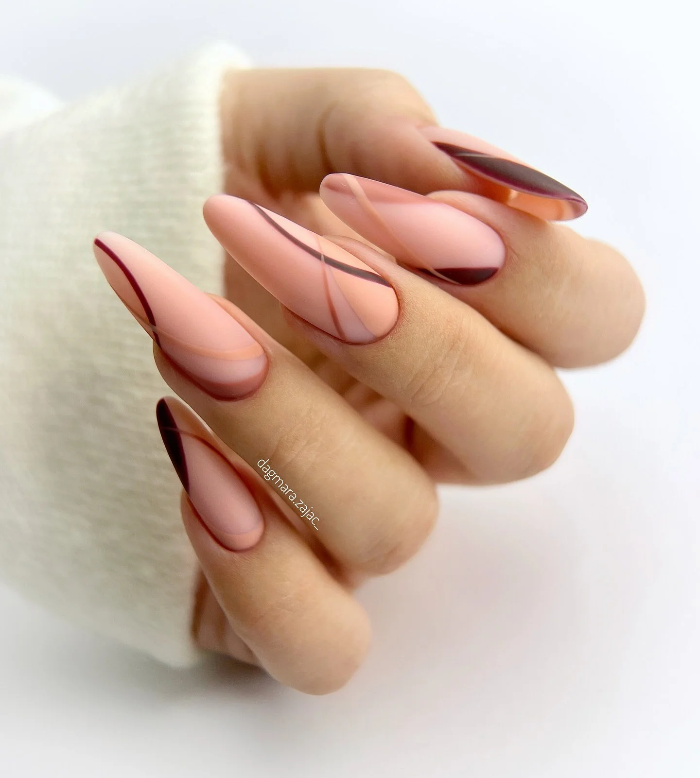 fall long nails 2026 Blush Almond Nails With Fine Burgundy Lines