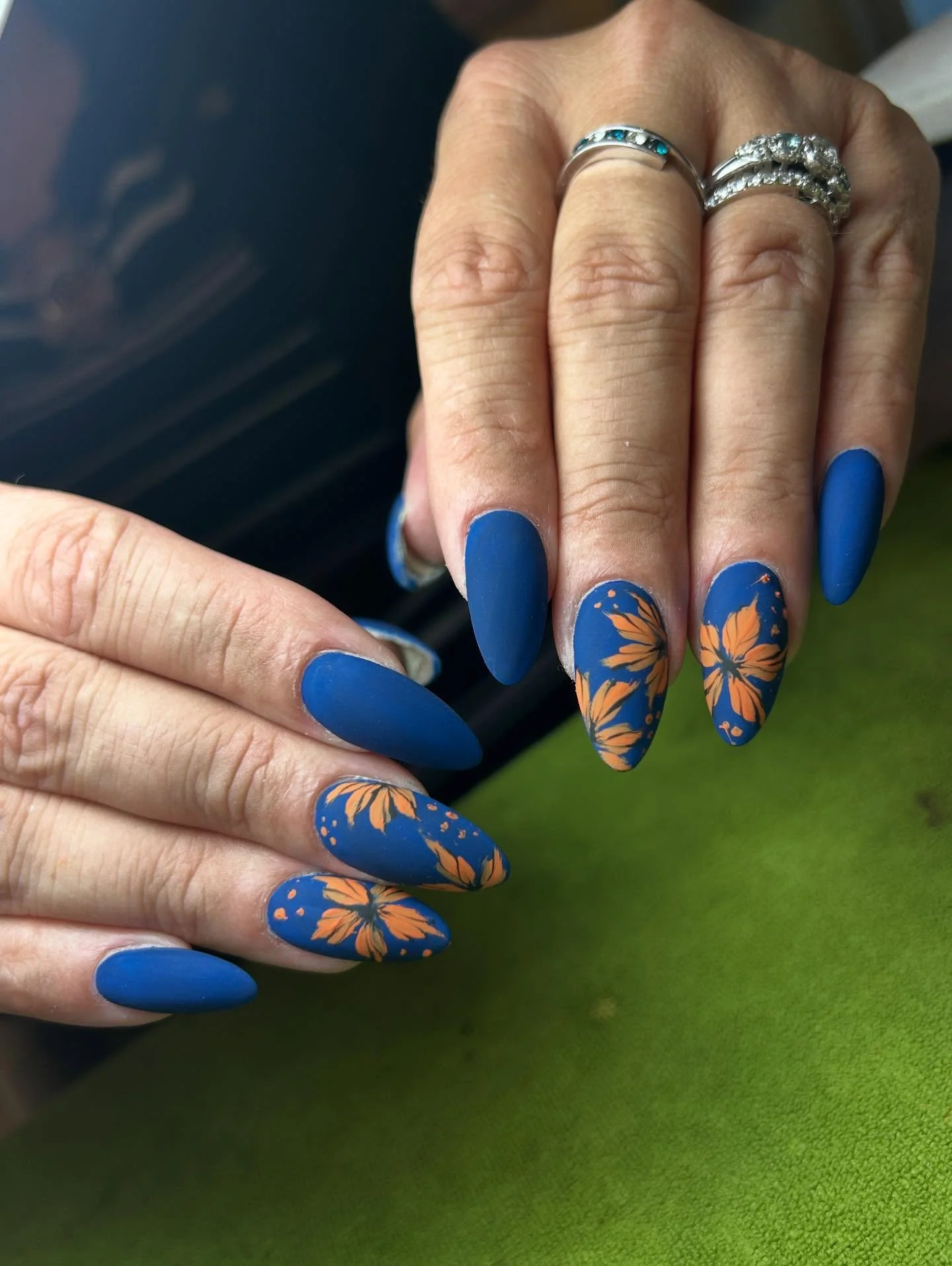 fall matte nails 2026 Matte Cobalt Blue With Burnt Orange Florals