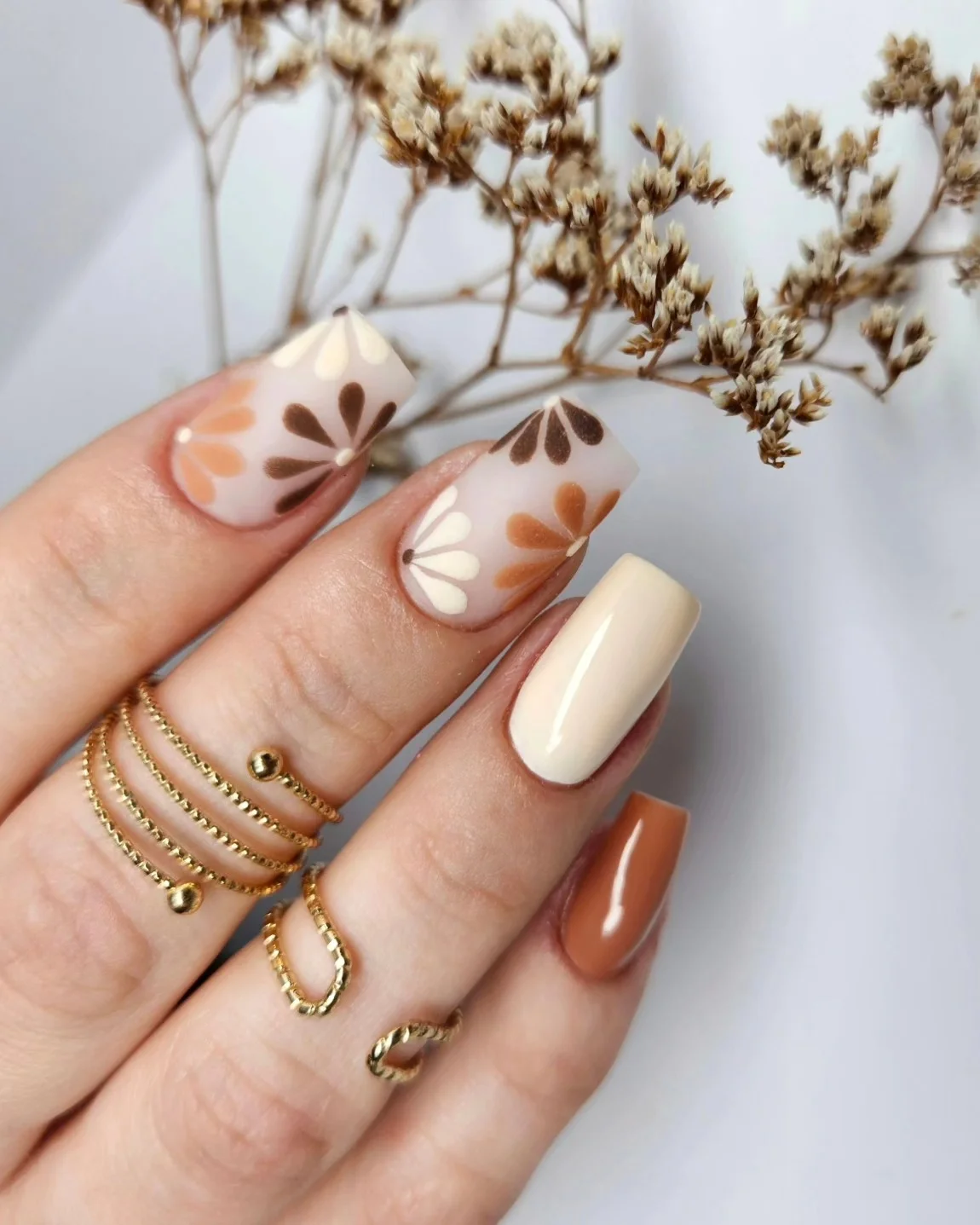fall mid length nails 2026 Matte Floral Neutrals For A Soft Autumn Mood