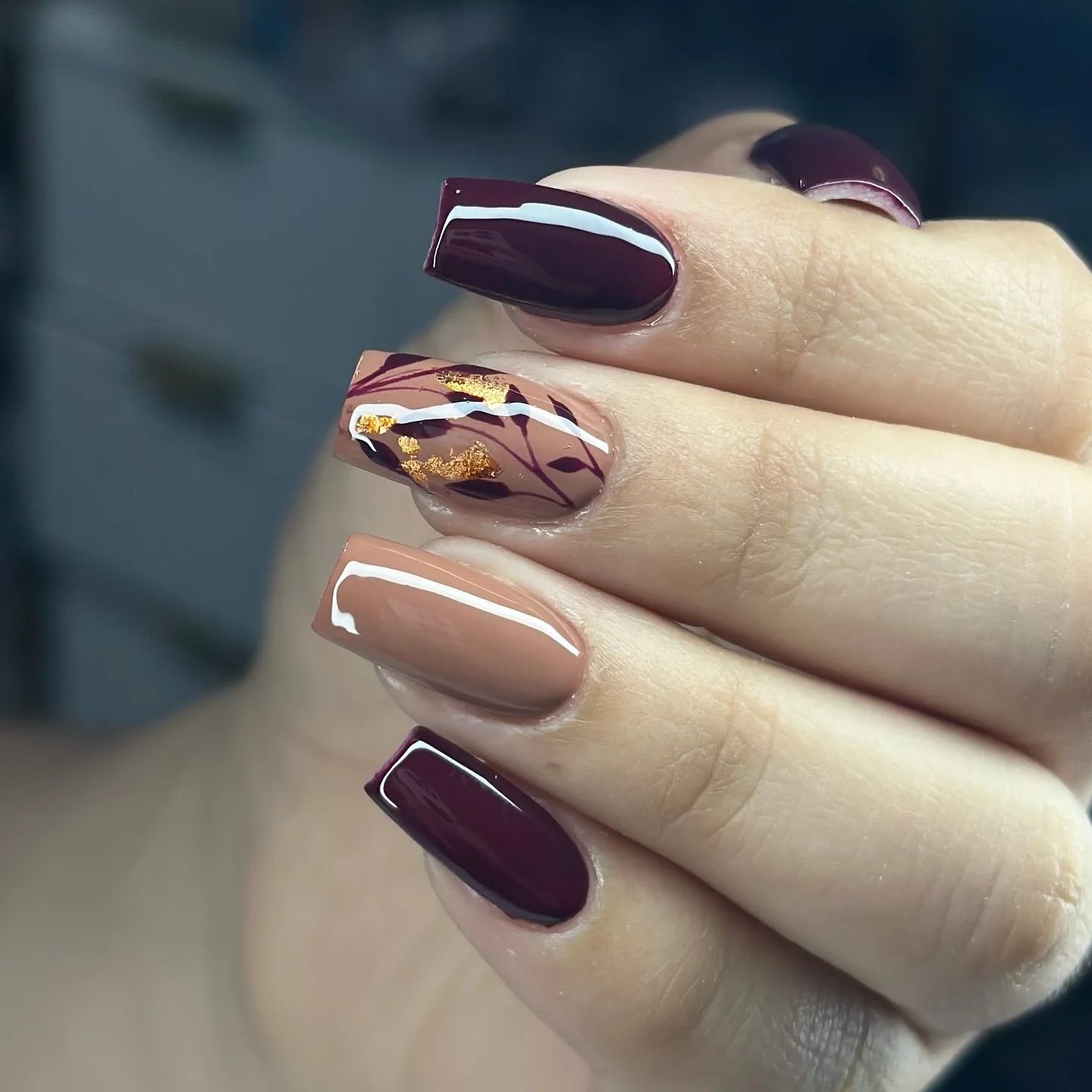 fall nail designs square shape 2026 Burgundy Botanical Elegance With Gold Leaf Accents