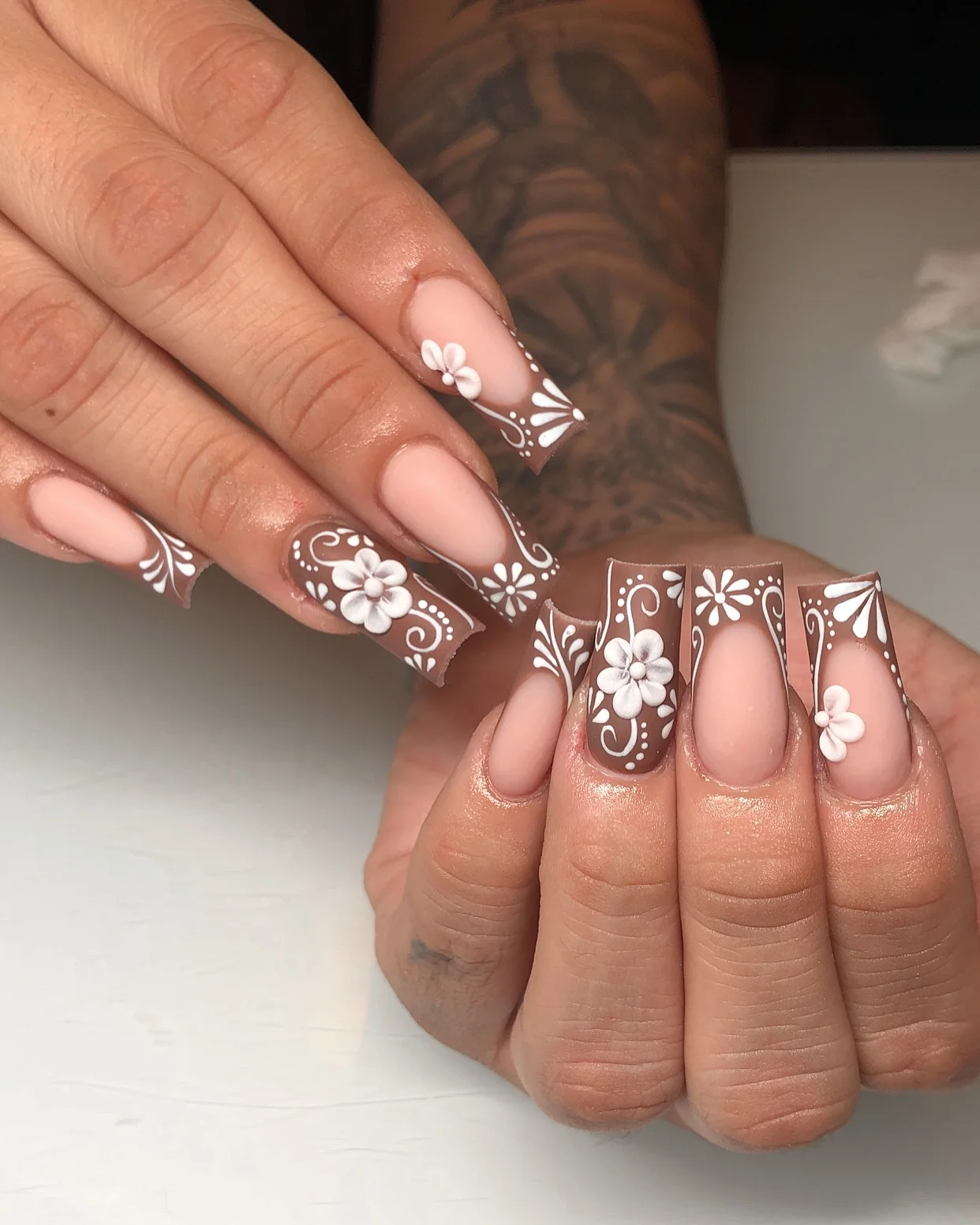 fall nail inspiration 2026 Chocolate Floral French With Romantic Autumn Details