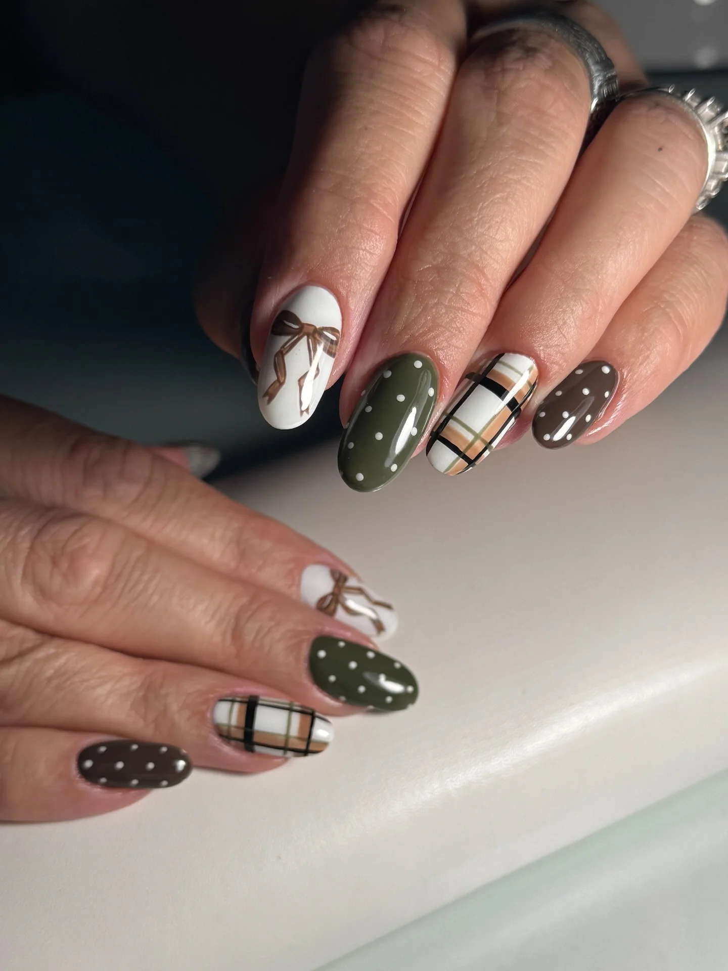 fall nail trends 2026 Olive Plaid And Polka Dot Autumn Elegance