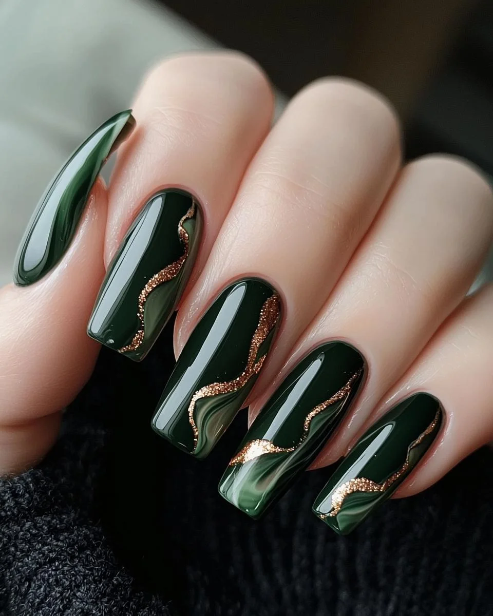 fall nails for pale skin 2026 Glossy Forest Green With Sculpted Golden Details
