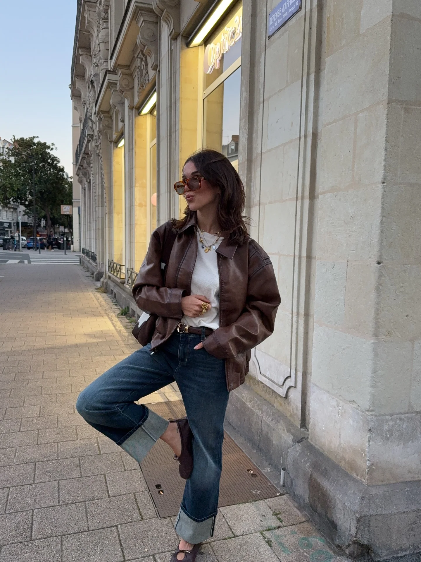 september outfit ideas 2026 Chocolate Leather Jacket With Cuffed Denim